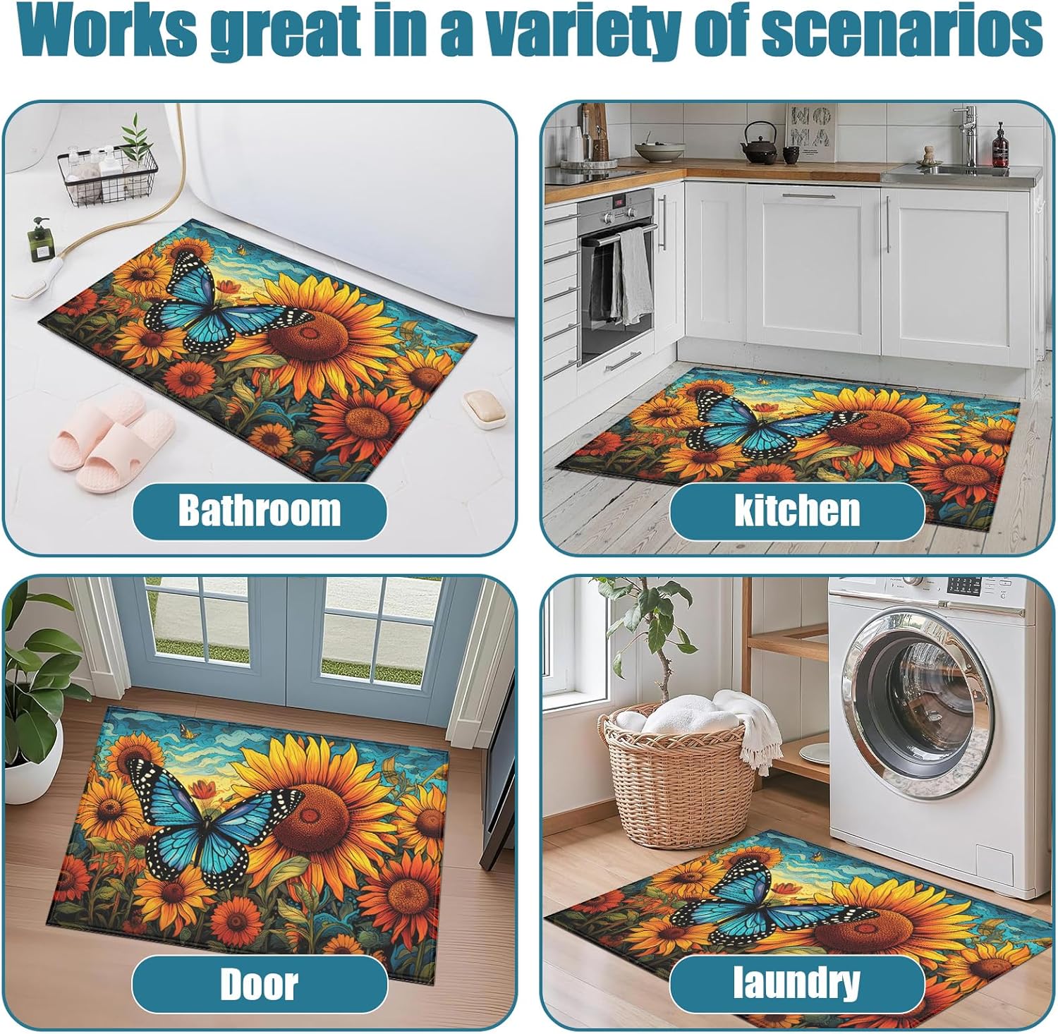 Summer Sunflower Indoor Door Mat, Butterfly Outdoor Entrance Doormat for Entryway Kitchen Bathroom 17 X 29 Inch