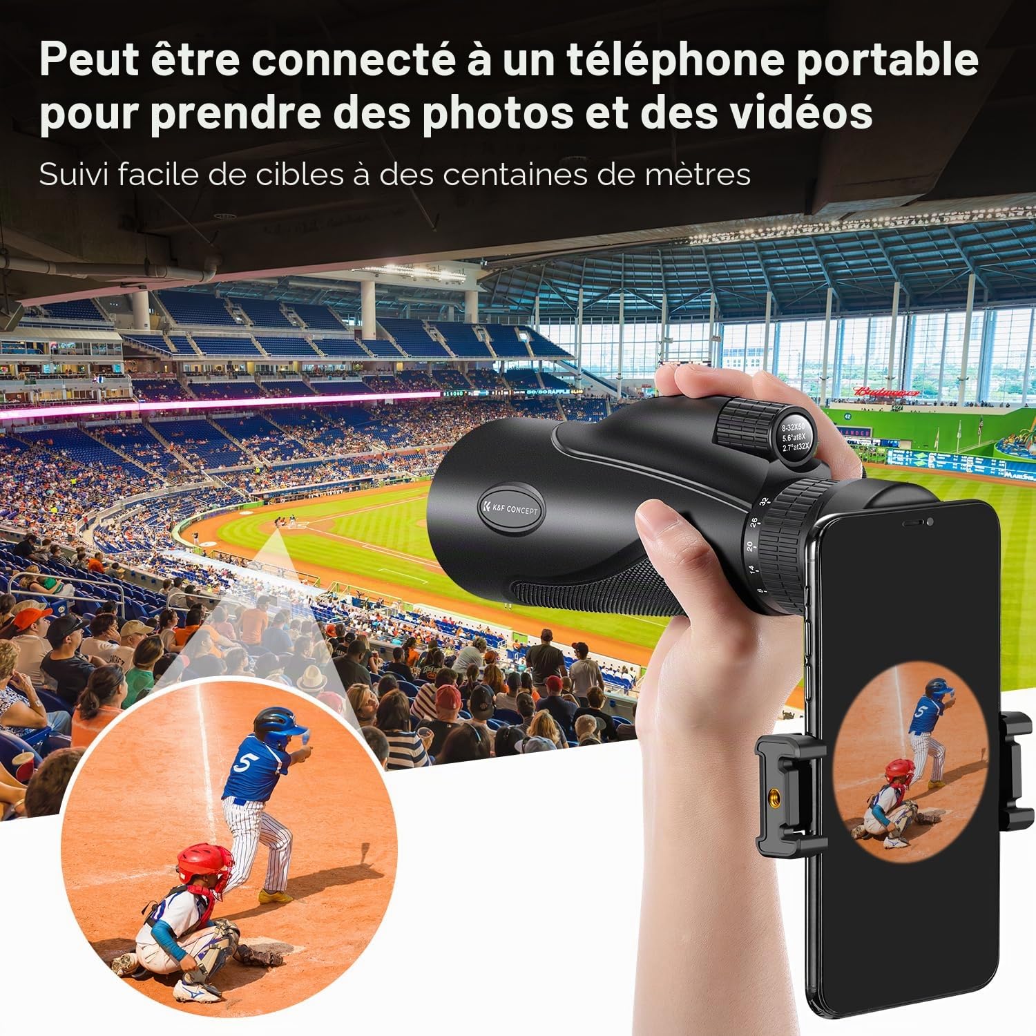 K&F Concept Télescope monoculaire HD 8-32X50 Zoom continu avec Clip pour téléphone Portable pour l'observation des Oiseaux, la Chasse, la randonnée, Le Concert
