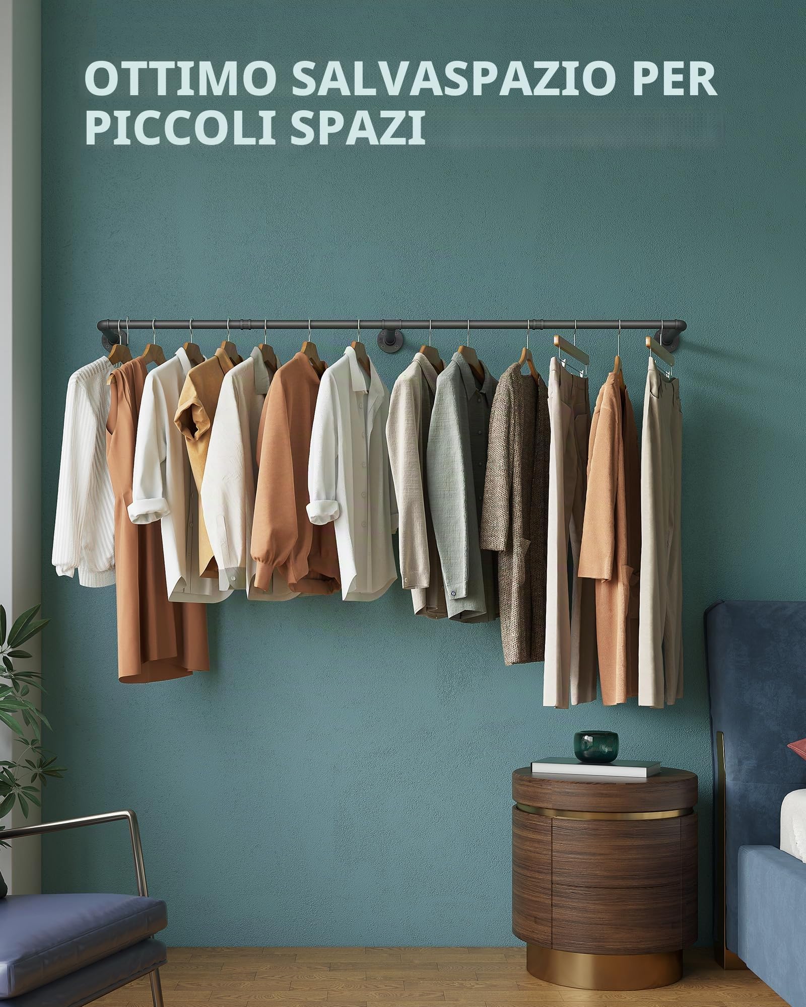 OROPY Set di 2 Penderia per Abiti Industriale, Barra di Metallo Retrò Rimovibile da 167 cm a Parete per Appendere i Vestiti, Penderia Robusta per lo Stoccaggio in Camera da Letto, Nero (3 Basi)