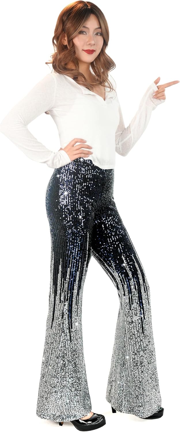 Nawgut Sequin Flare Pants Sparkly Glitter High Waisted Bell Bottom Trousers Disco Party Clubwear for Women - Image 4