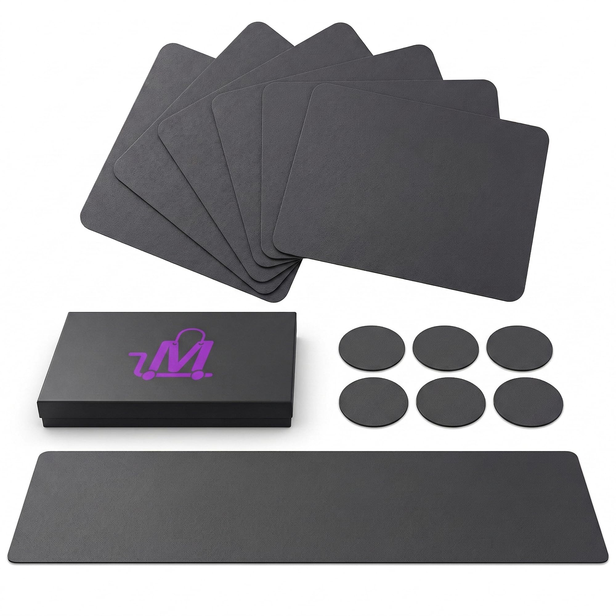 MIBBY Placemats and Coasters with Table Runner Set of 6 in Premium PVC Double Sided Charcoal and Grey, Dining Table Mat Set, Home Decor, Meal Serving and Table Protection, heat resistant placemats
