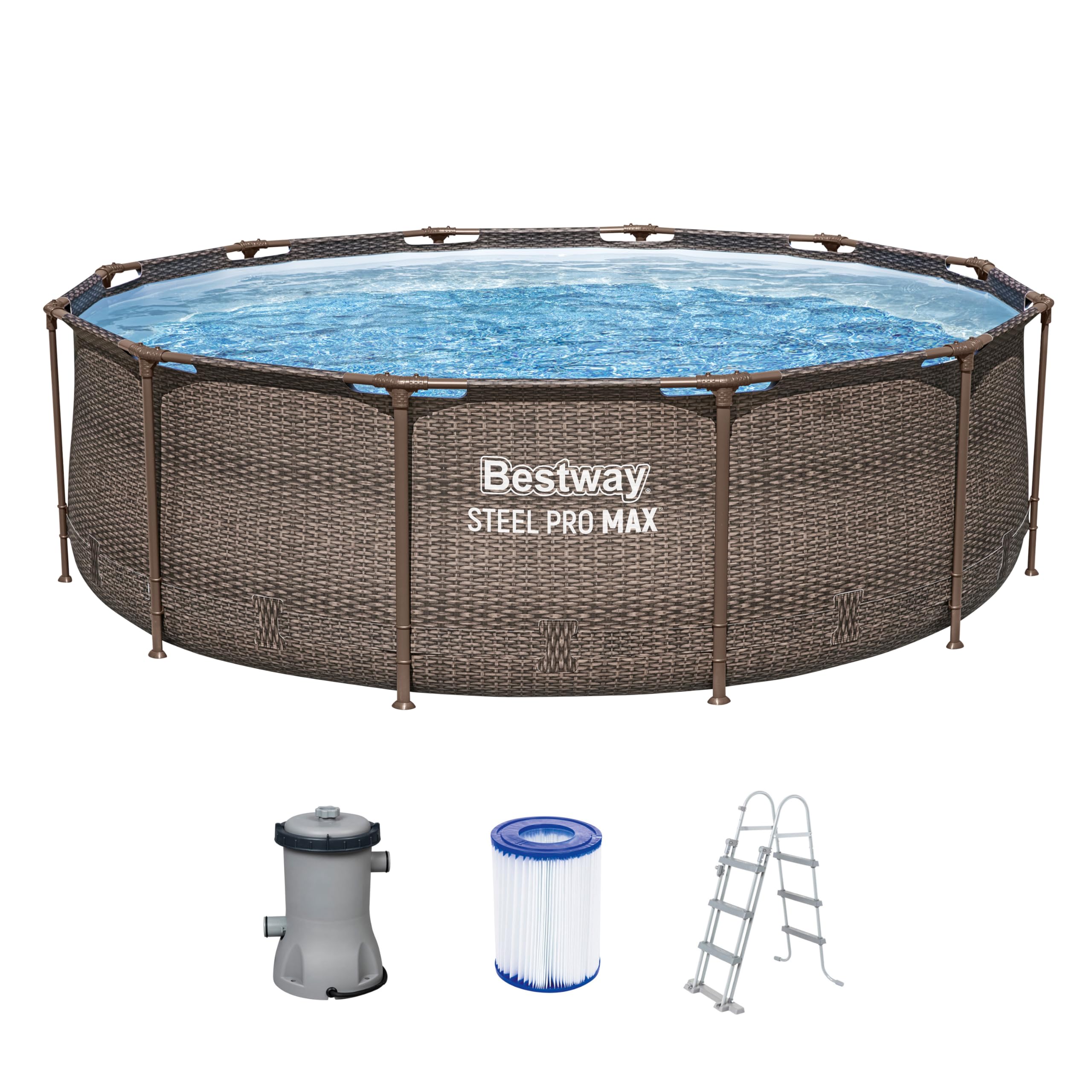 Bestway Steel Pro MAX Frame Pool-Set mit Filterpumpe Ø 366 x 100 cm, Rattan-Optik (Schokobraun), rund