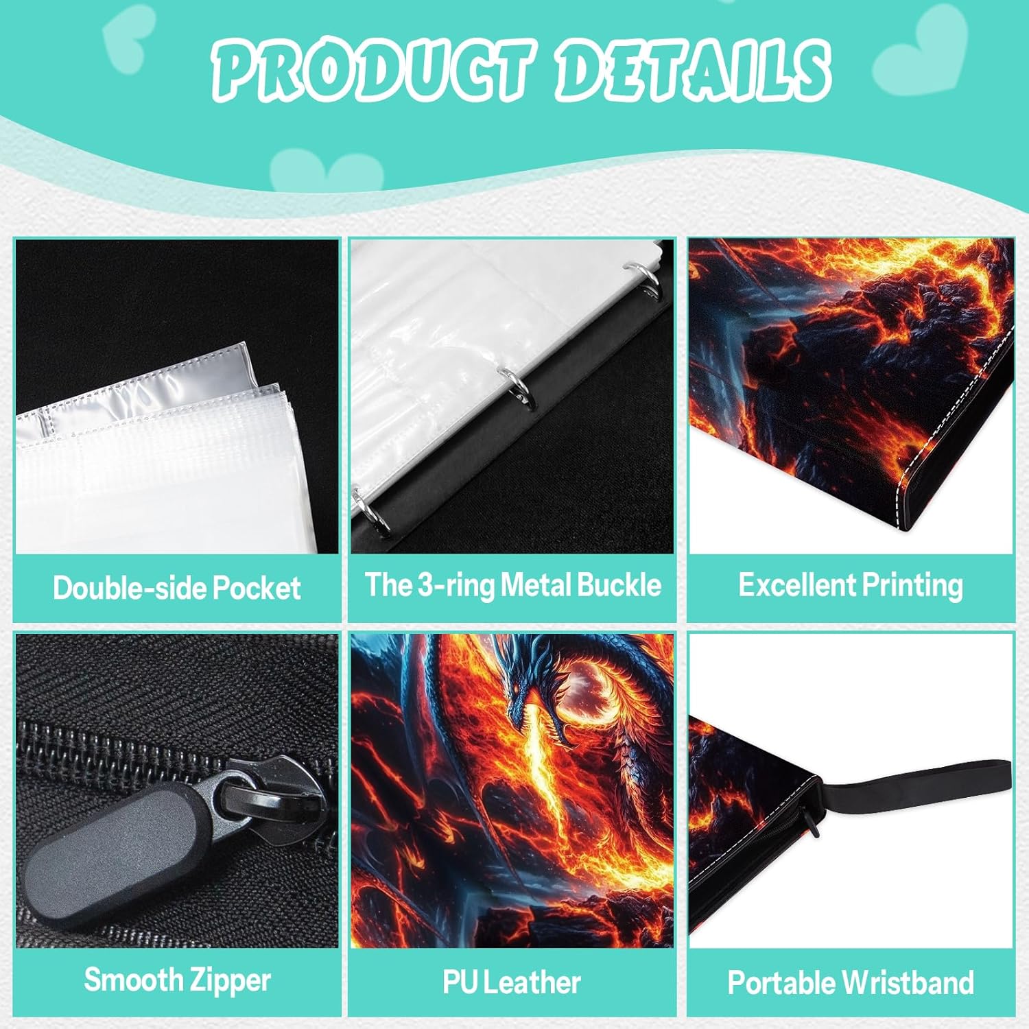 Card Binder 4 Pocket, Trading Card Binder Holder 400 Cards, Double-Sided Collectible Case for Game Cards, Dragon Binder for Collectors, Album Book Storage Collection Gifts for Boys and Girls