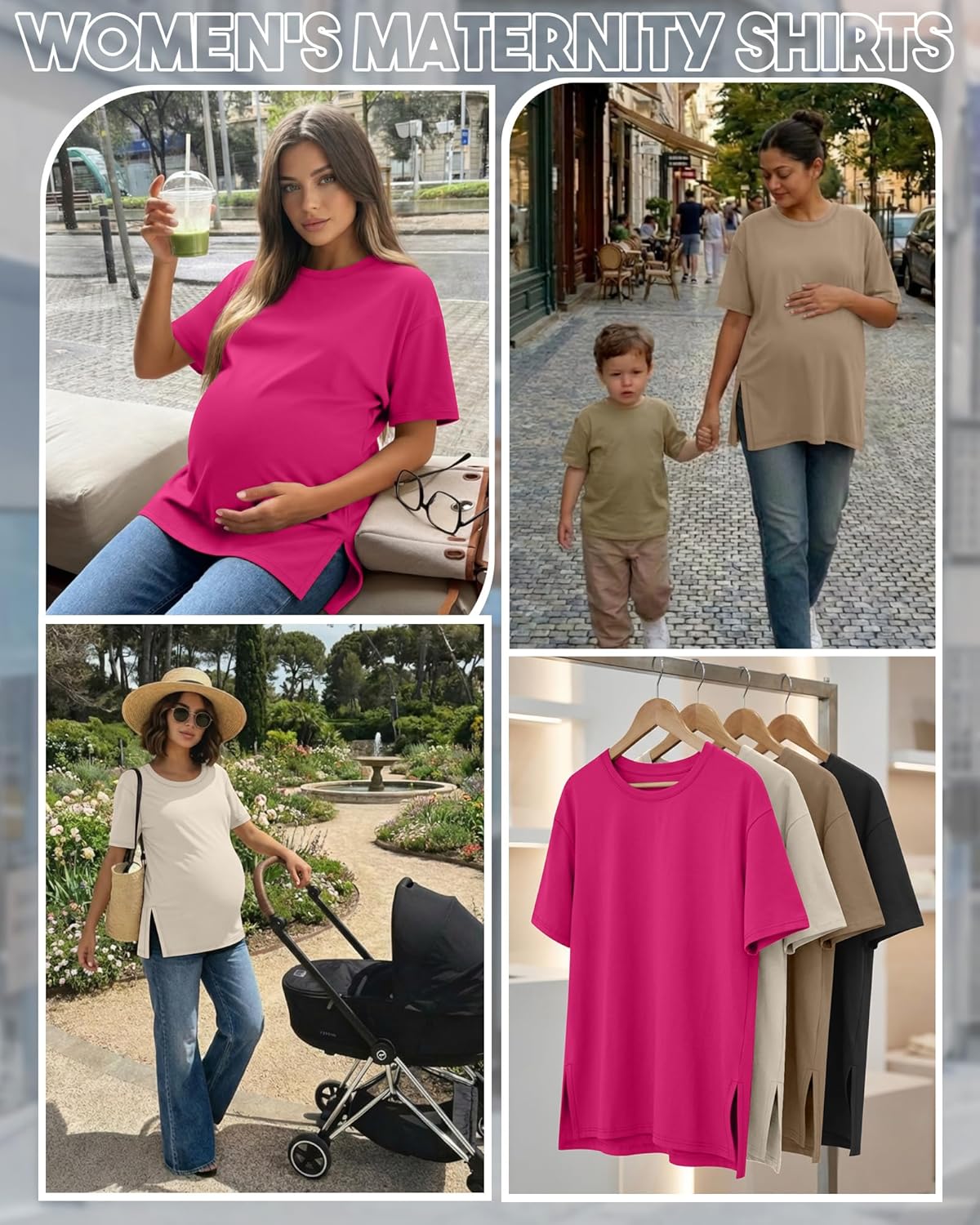 Riyiper 4 Pack Women's Maternity T Shirts, Short Sleeve Split Side Pregnancy Tee Tops Casual Loose Crewneck Maternity Clothes - Image 4
