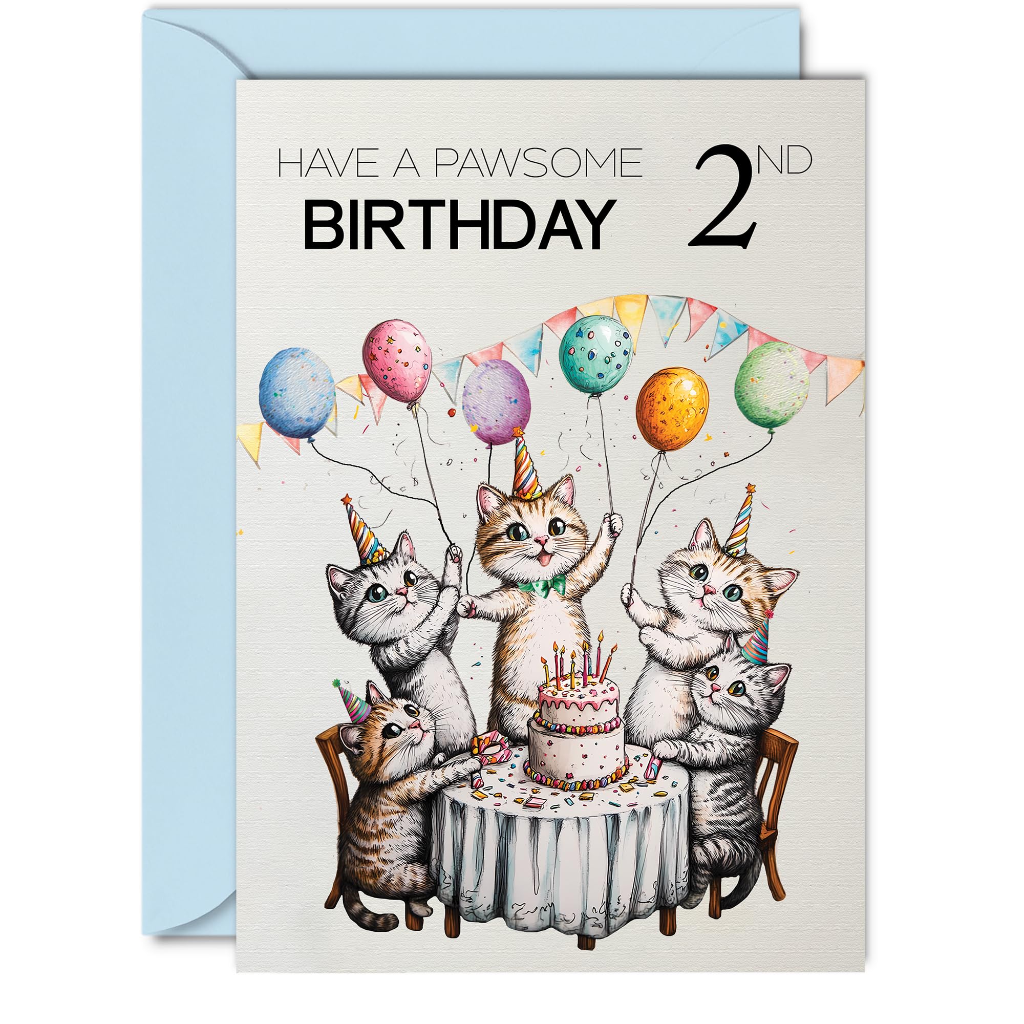 2nd Birthday Card for Boys Girls - Pawsome Party Cats Balloons - Happy Birthday Cards for 2 Year Old Boy Girl, A5 Cat Bday Greeting Cards