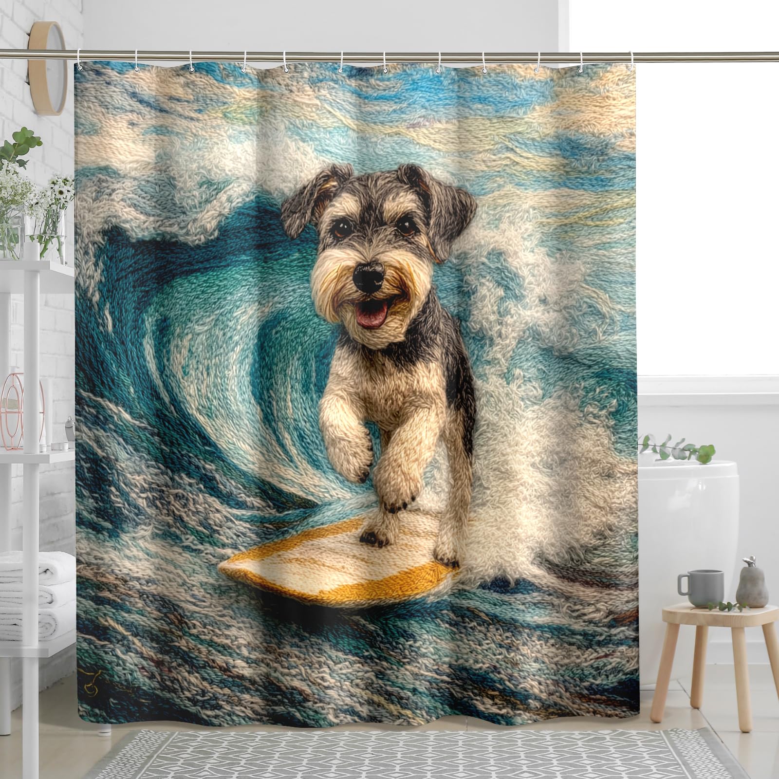 Fun Schnauzer Dog Shower Curtain, Summer Embroidery Surf Chien Shower Curtains for Bathroom, Puppy Print Bath Decor Accessories Set -72 Inch