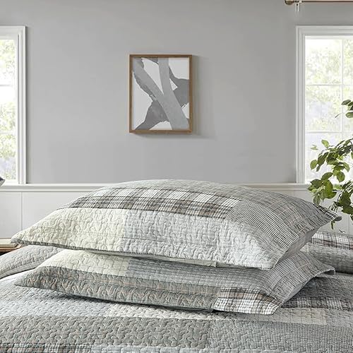 Miniatura 4 de PANGUSHAN Juego de edredón tamaño King, juego de ropa de cama 100% algodón, gris (gris)cremacaqui, retazos a cuadros, rústico, reversible, ligero,