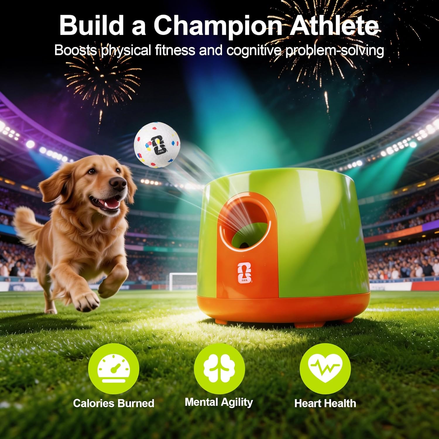Official FIFA World Cup 2026 Edition - Dog Automatic Ball Launcher for Large Dogs Ball Thrower Machine Outdoor Indoor Use Interactive Dog Toy - Included 3 Rubber Fetch Soccer Balls