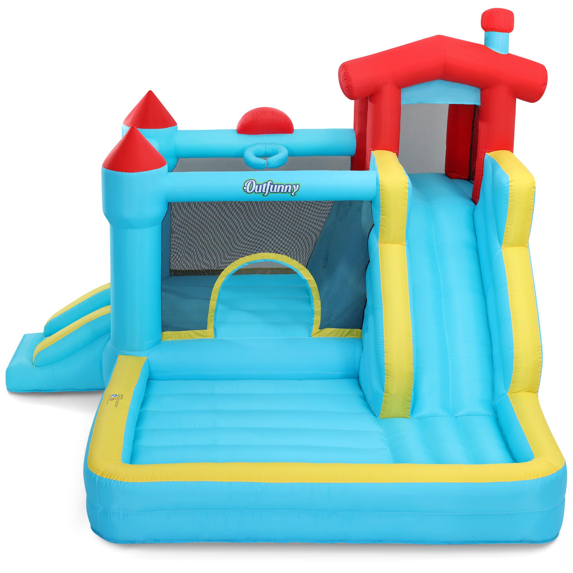 Outfunny Hüpfburg groß für Kinder, Aufblasbare Hüpfburg Indoor & Outdoor mit Gebläse 450W, Rutsche - Blau