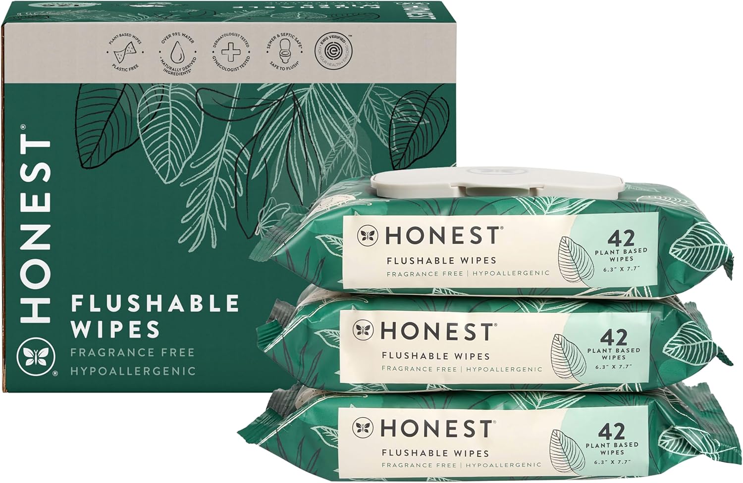 The Honest Company Flushable Wipes for Sensitive Skin | Fragrance Free, Hypoallergenic, 99% Water, Safe to Flush | Tropical Leaves, 126 Count