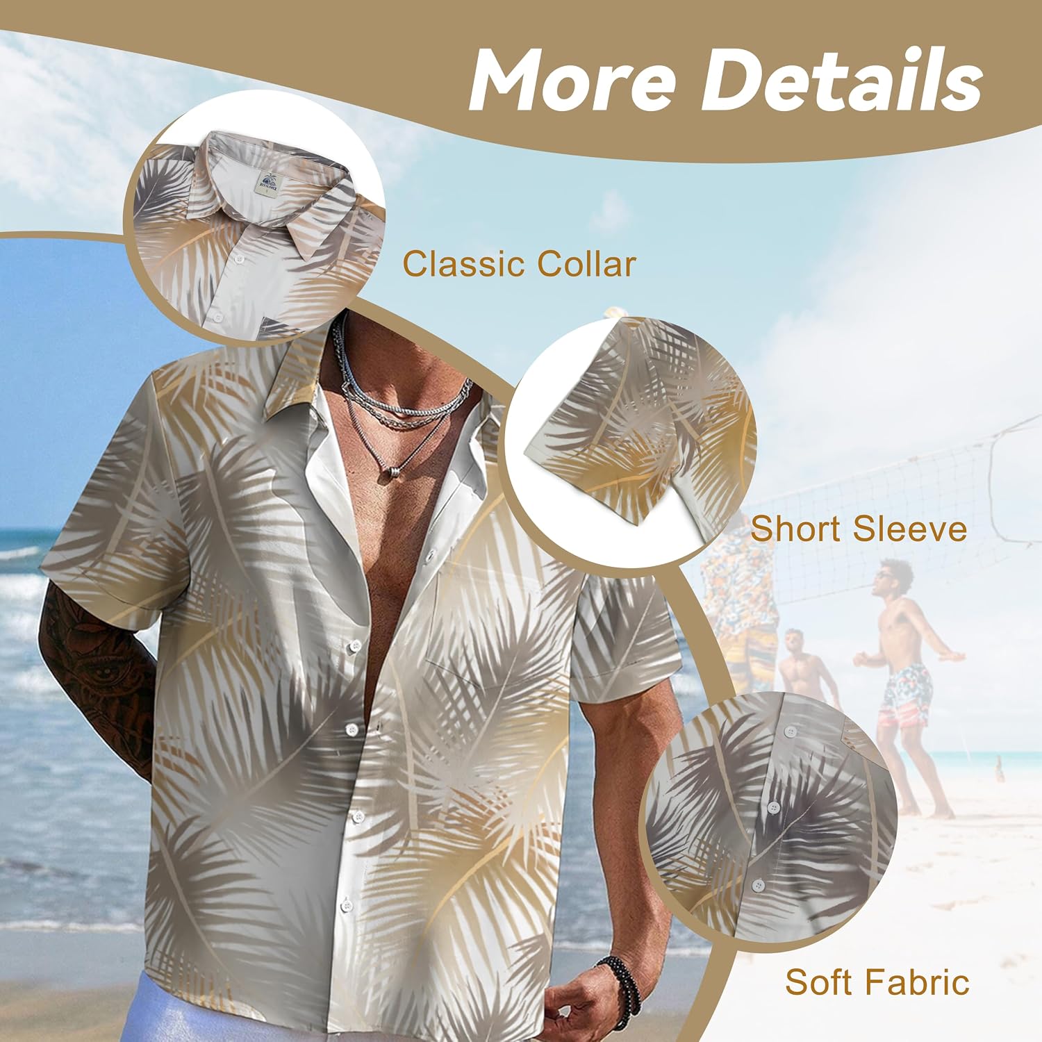 Men's Tropical Hawaiian Shirt, Short Sleeve Breathable Summer Button Down, Vintage Palm Leaf Printed Beach Shirt