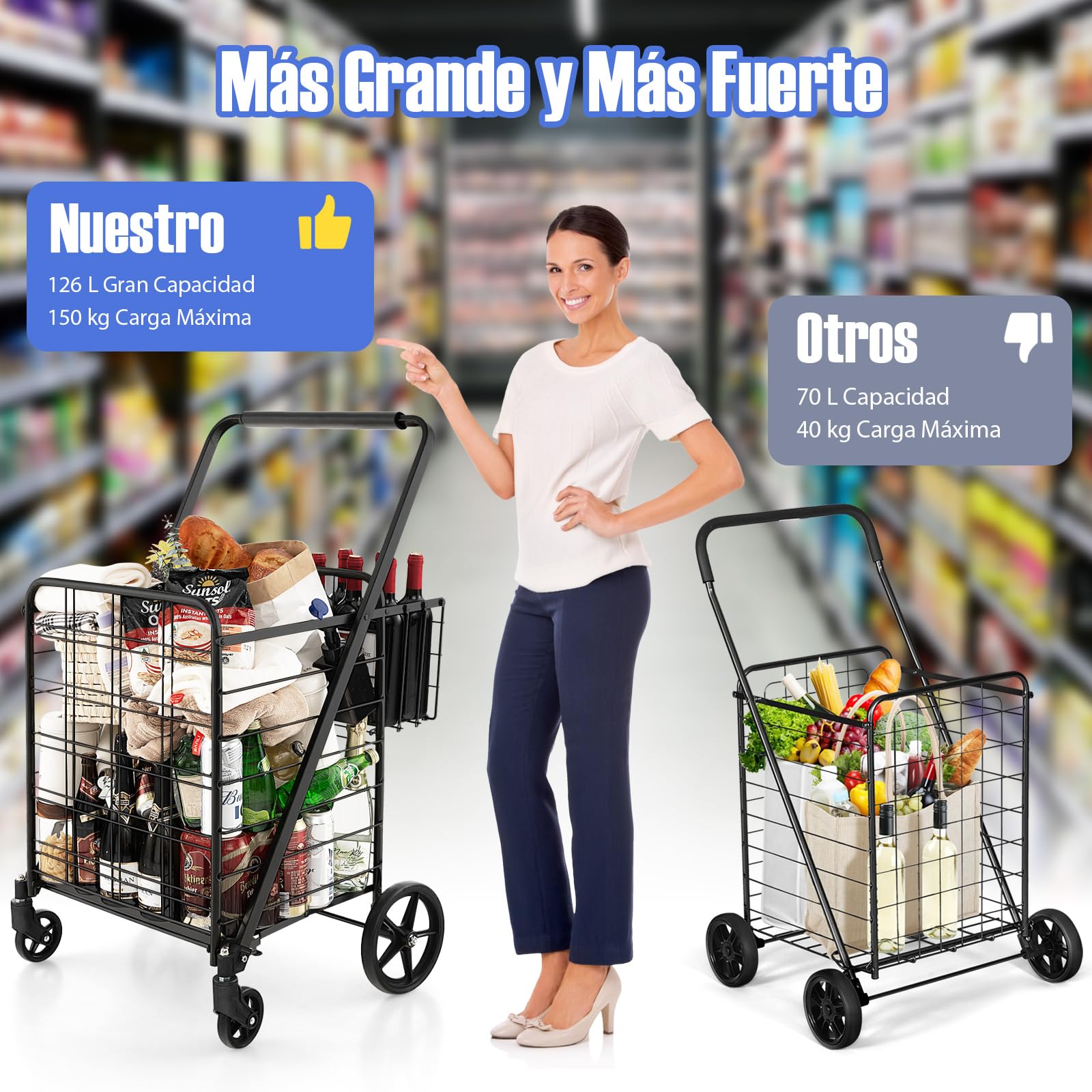 GOPLUS Carro de la Compra Plegable, 2 Ruedas Giratorias, Capacidad de Carga 100KG, Carro de Supermercado con Cesta y Forro Oxford, Gran Espacio de Almacenaje para Compras, Camping, Jardín