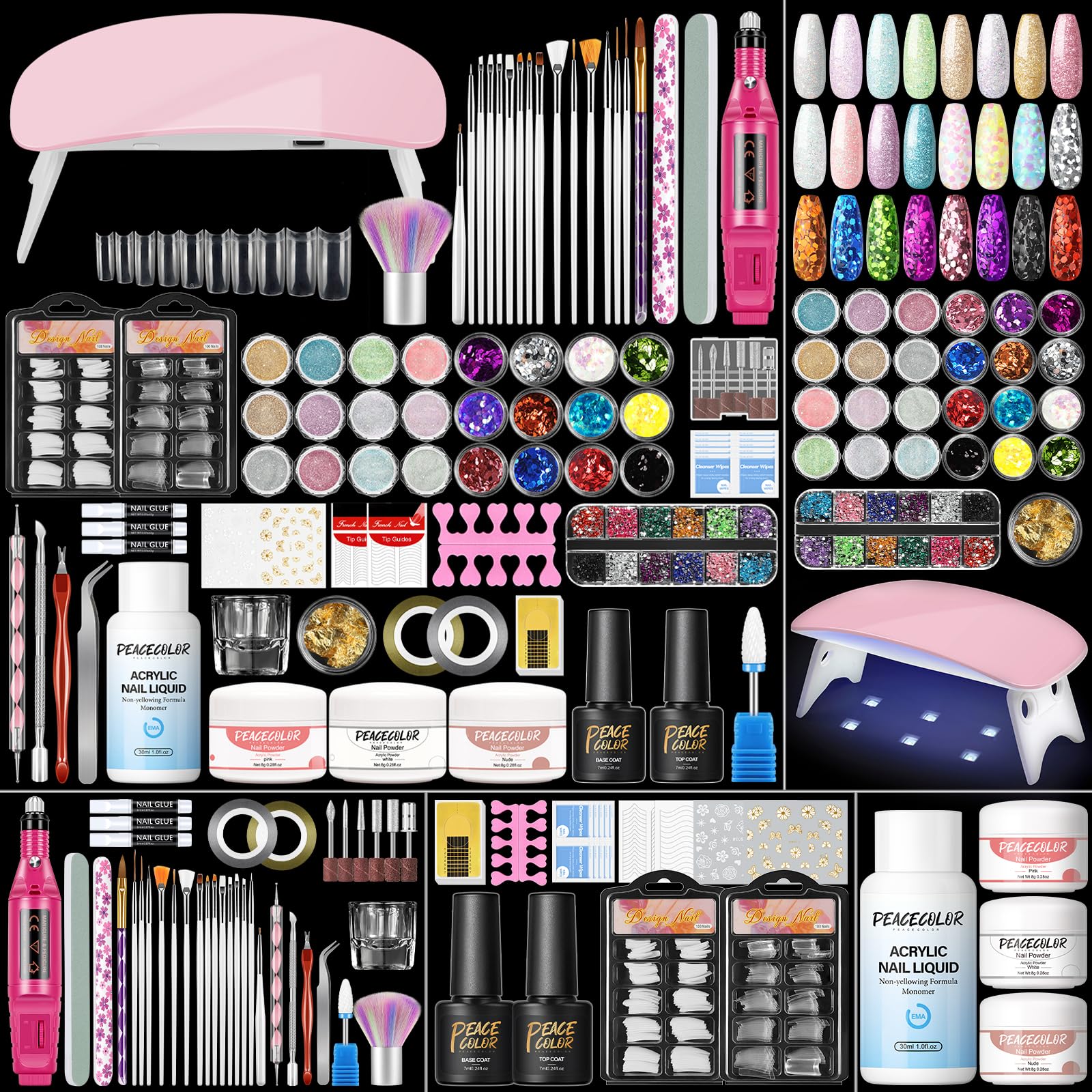Acrylic Nail Kit with Drill and U V Light, Professional Nail Kit Acrylic Set for beginners with Everything 3PC Powder 24PC Glitter Fake Tips Decoration Nails Set DIY Home Salon