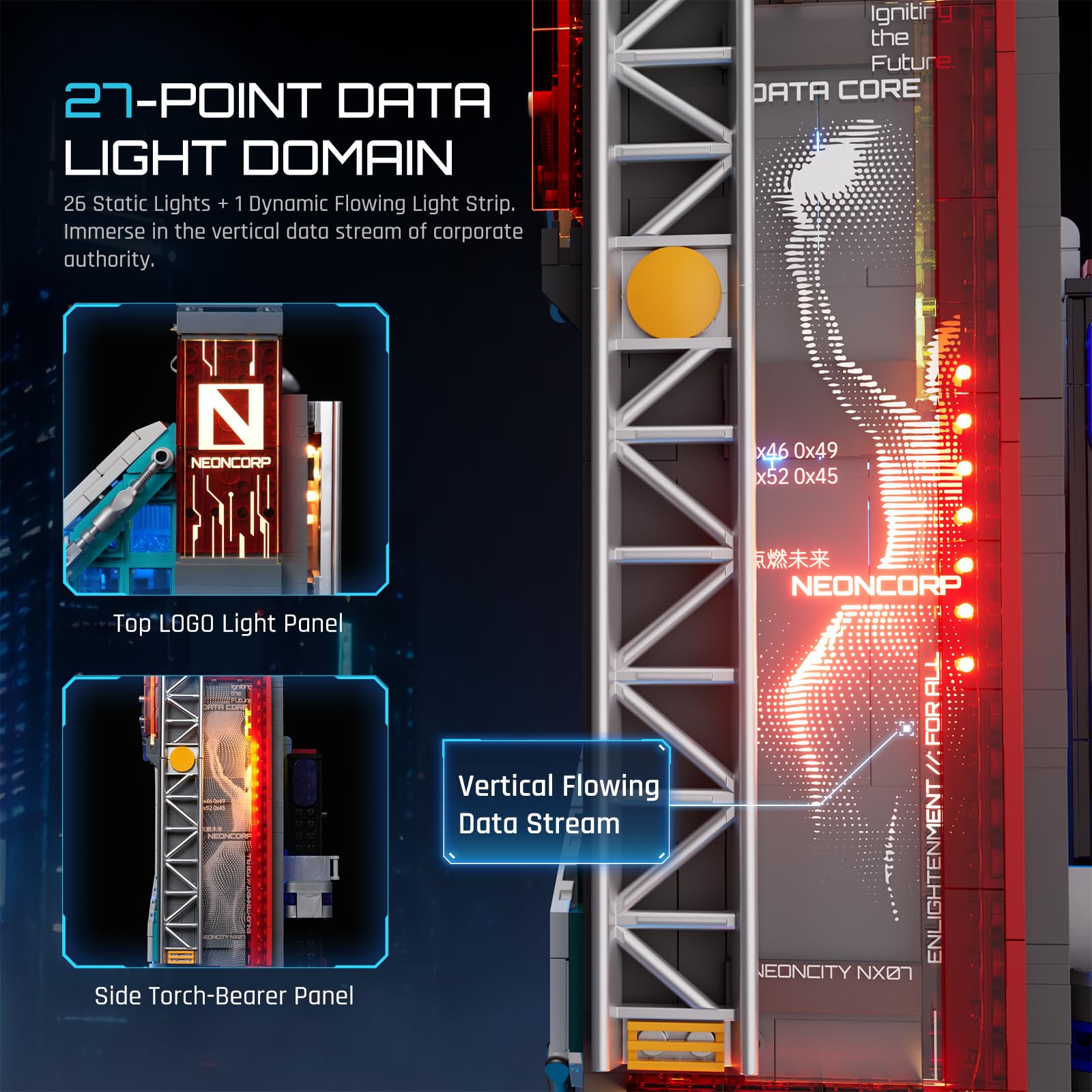 Lumibricks Neon Tech Tower Beleuchtetes Klemmbaustein-Set, 2227 Teile Cyberpunk-Wolkenkratzer mit 27 LED-Lichtern, Modulares Ausstellungsgebäude, Sci-Fi-Bauset für Erwachsene