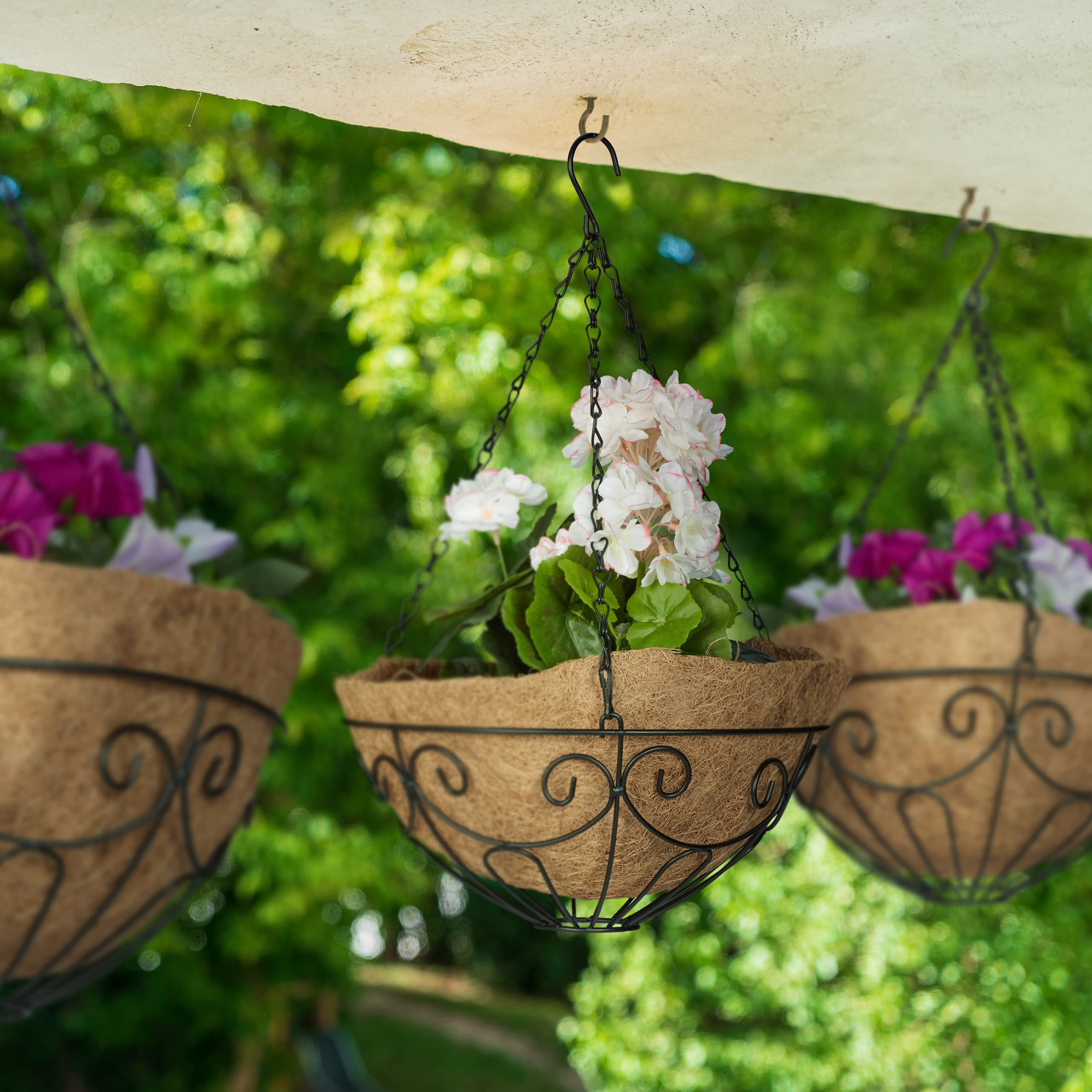 Relaxdays Vasi Sospesi per Piante, Set 3 Portavasi in Fibra di Cocco e Ferro, HD 48x31 cm, Indoor&Outdoor, Nero Naturale
