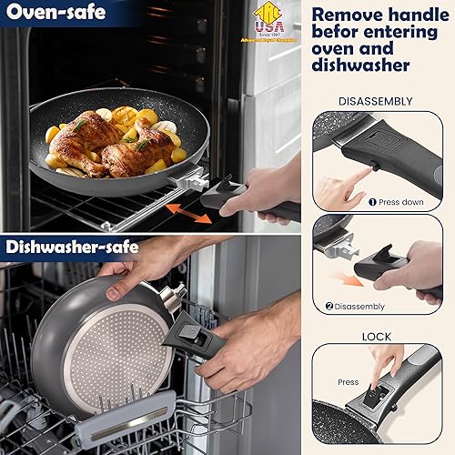 Miniatura 5 de ARC - Sartén antiadherente con mango extraíble, sartén de 10 pulgadas con tapa, sartén antiadherente, apta para horno y lavavajillas, sin PFOA,