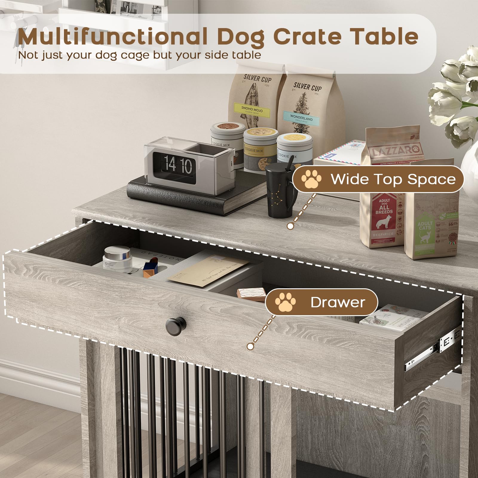 Cage pour Chien, Caisse pour Animaux de Style Meuble avec Portes Coulissantes, Niche D'intérieur en Bois avec Tiroir, Maison pour Chien avec Gamelle Pivotante à 360°, Gris
