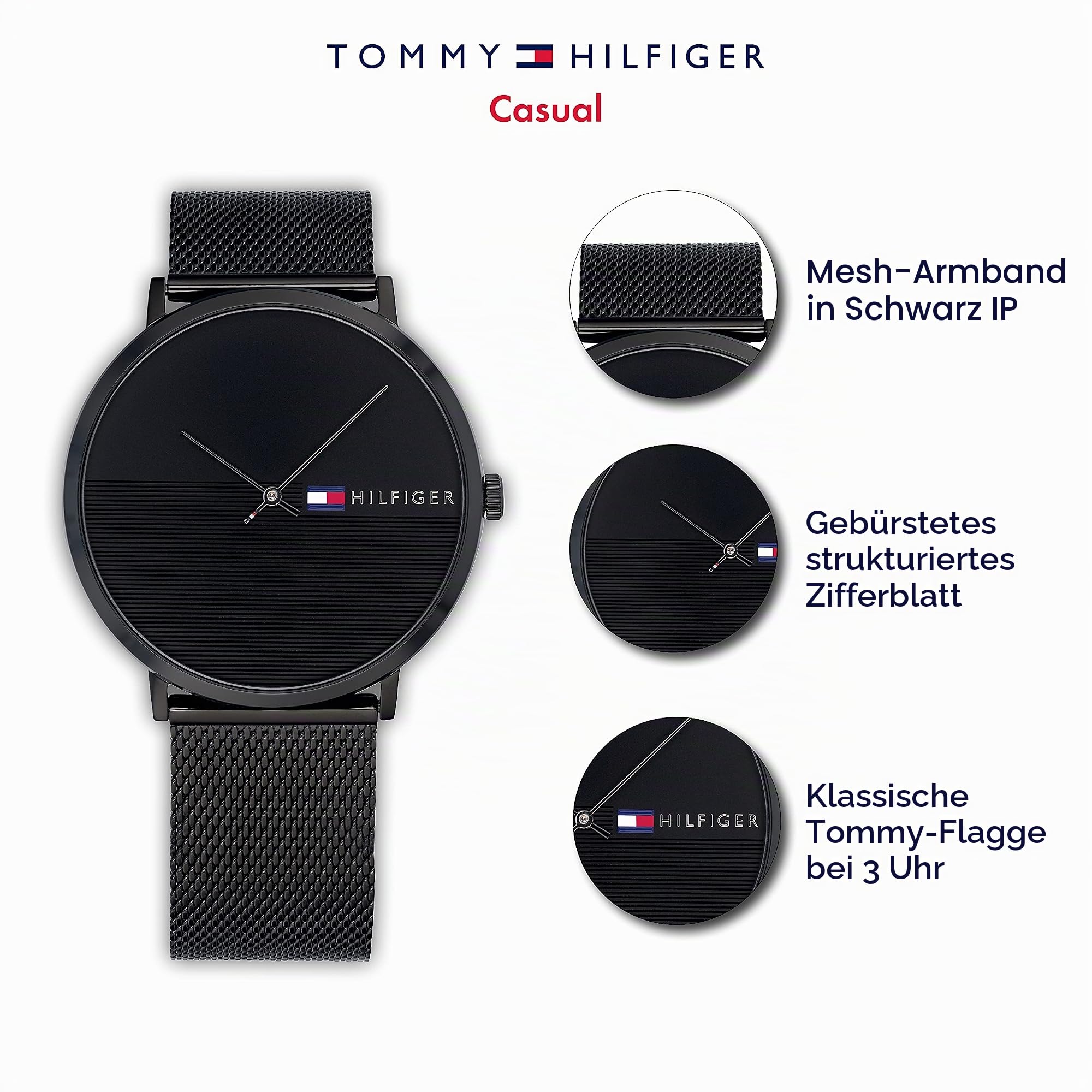 Tommy Hilfiger Analog Quarzuhr für Herren mit Schwarzes Edelstahl-Mesh-Gliederarmband - 1791464