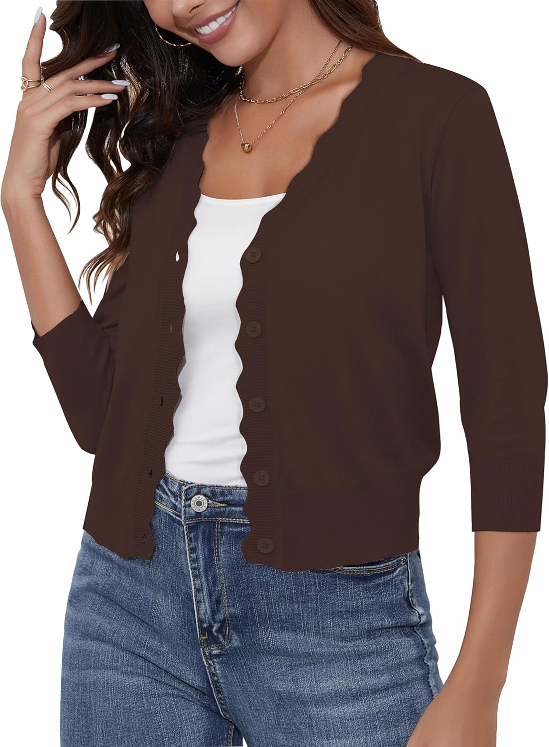 Women's Cropped Cardigans 3/4 Sleeve Button Down Lightweight Cardigan Sweaters Scalloped Edged Bolero Shrugs