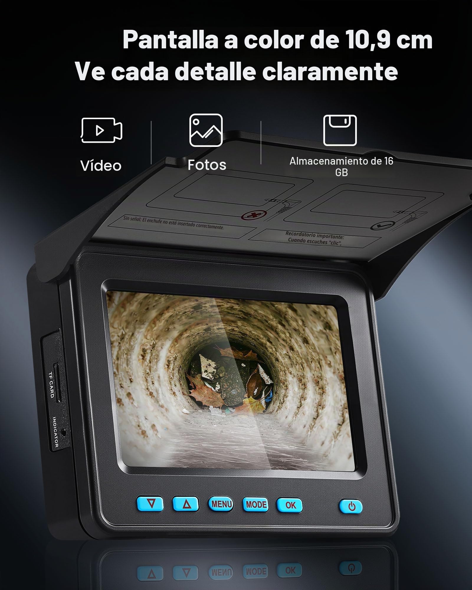 VEVOR Cámara de Inspección de Tuberías Cable de 50 m, Cámara Endoscópica con Pantalla a Color, Resistente al Agua IP68, con 6 LED, Tarjeta de 16 GB, Batería de 4500 mAh, para Alcantarillado Fontanería
