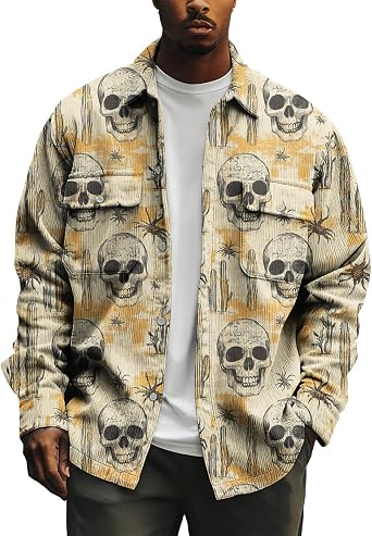 DMOYALA Mens Long Sleeve Button Down Shirts Fall Casual Corduroy Shacket Cool Skull Graphic Jackets with Flap Pockets