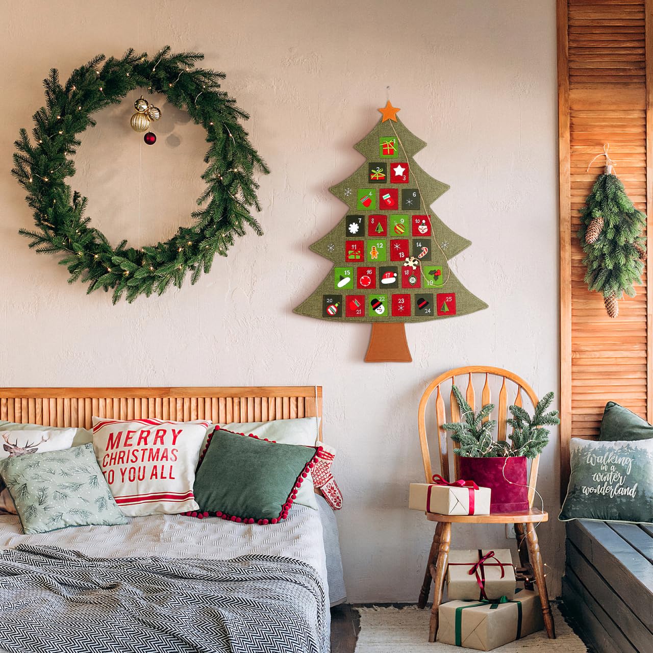 BESPORTBLE Calendrier de l'Avent 2025 à suspendre, tissu de lin, décoration murale avec 25 poches, 89,9 x 63,5 cm, compte à rebours jusqu'au sapin de Noël