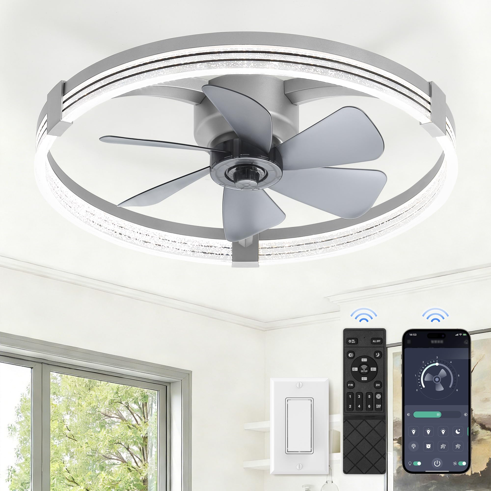 Photo 1 of ZMISHIBO Low Profile Ceiling Fans with Lights, Flush Mount Modern Ceiling Fan and Remote Control, 23" LED Ceiling Fans, Stepless Dimmable 3 Colors and 6 Speeds (Grey, 23")