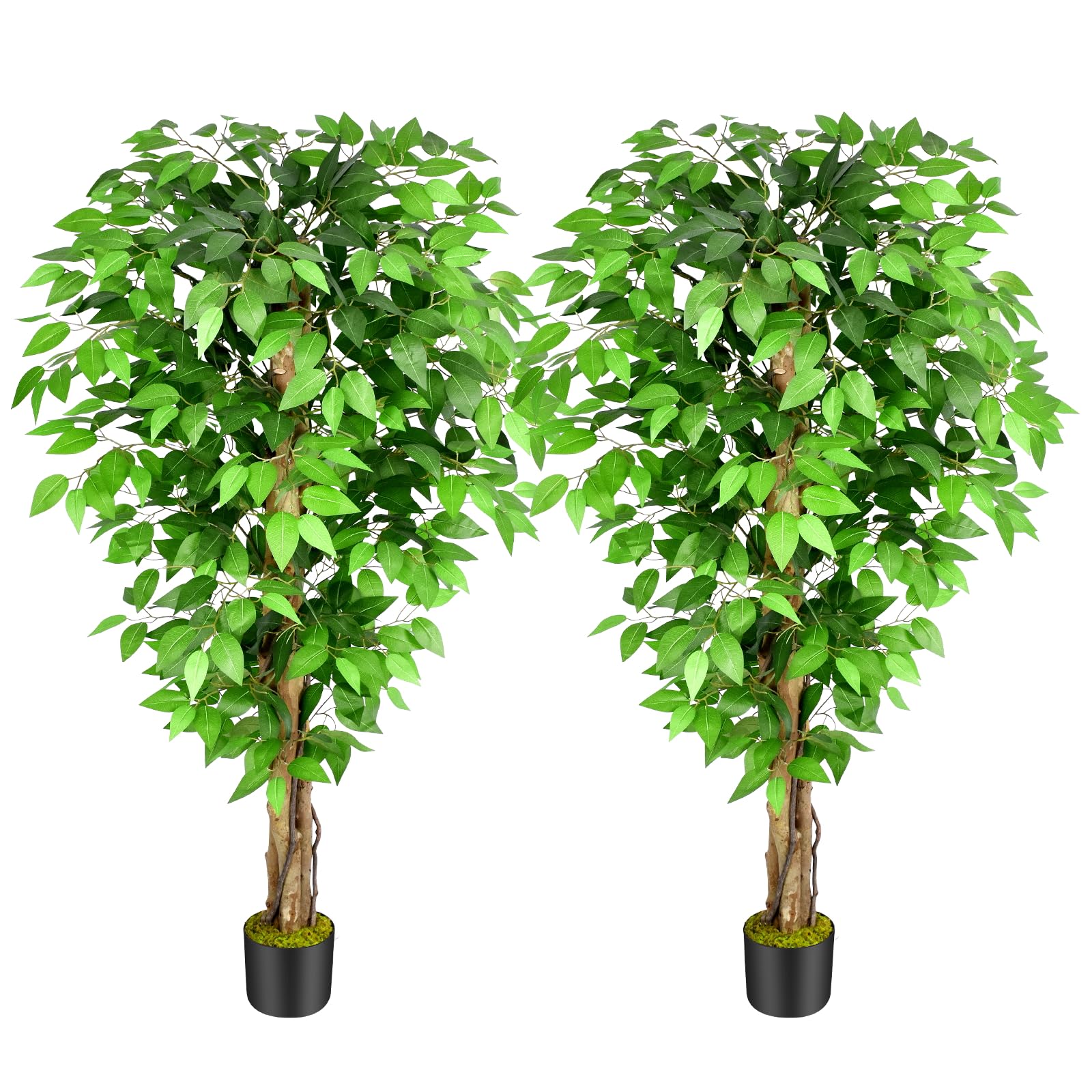 Keeplush 5ft Ficus Artificial Trees with Natural Curved Trunks, 60" Tall Lush Faux Tree for Home Decor Indoor, Green Lifelike Fake Ficus Tree Artificial Plants,2 Pack