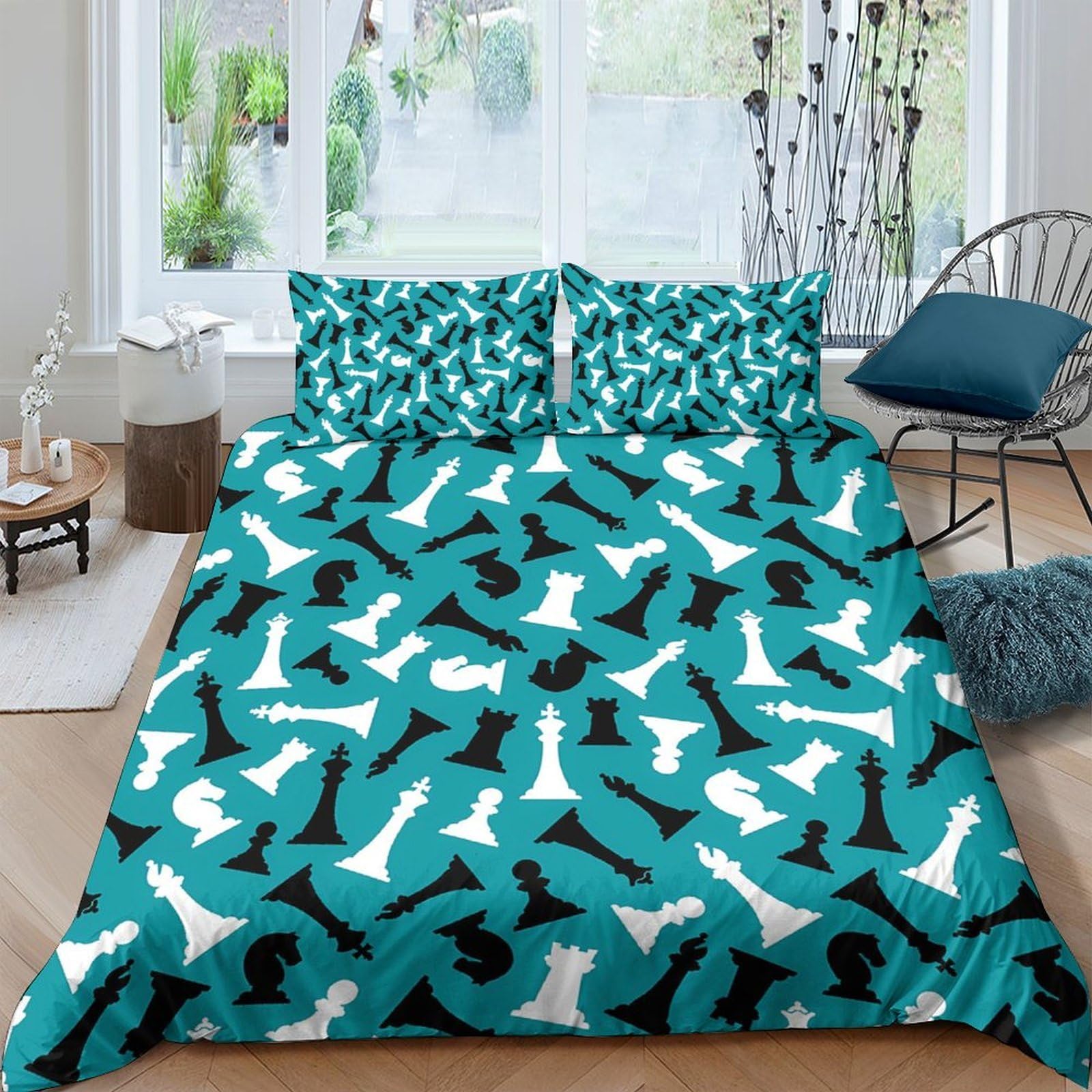 GPLZQXKJNH 3D Printed Chess Pattern Duvet Cover Microfiber Turquoise Bedding Set with 2 Pillowcases for Bedroom Decor Single（135x200cm）