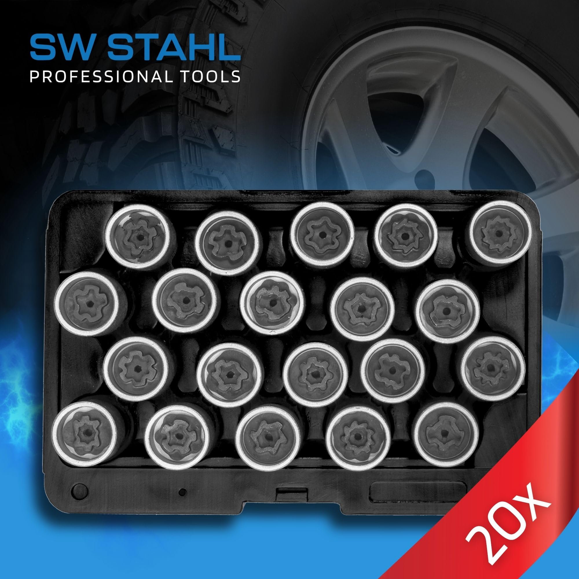 SW STAHL 02383L Set Rimozione Bulloni Antifurto VW, 20 Pezzi | Chiavi per bulloni ruota originali Volkswagen dal 2012, attacco da 1/2 pollice, estrattore serrature cerchi in lega