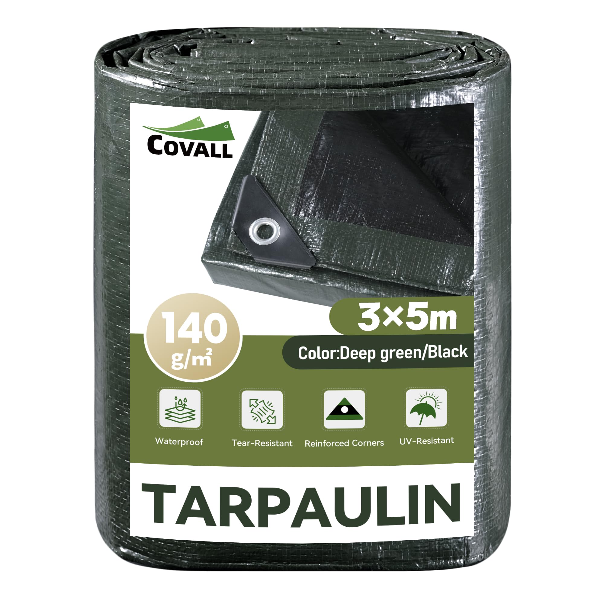 COVALL Heavy-Duty Tarpaulin 3m x 5m,140GSM waterproof tarp UV & Tear Resistant, Groundsheet with Reinforced Eyelets,Multipurpose Cover for Camping,Truck fabric,Garden,Roof,Car,Patio Furniture