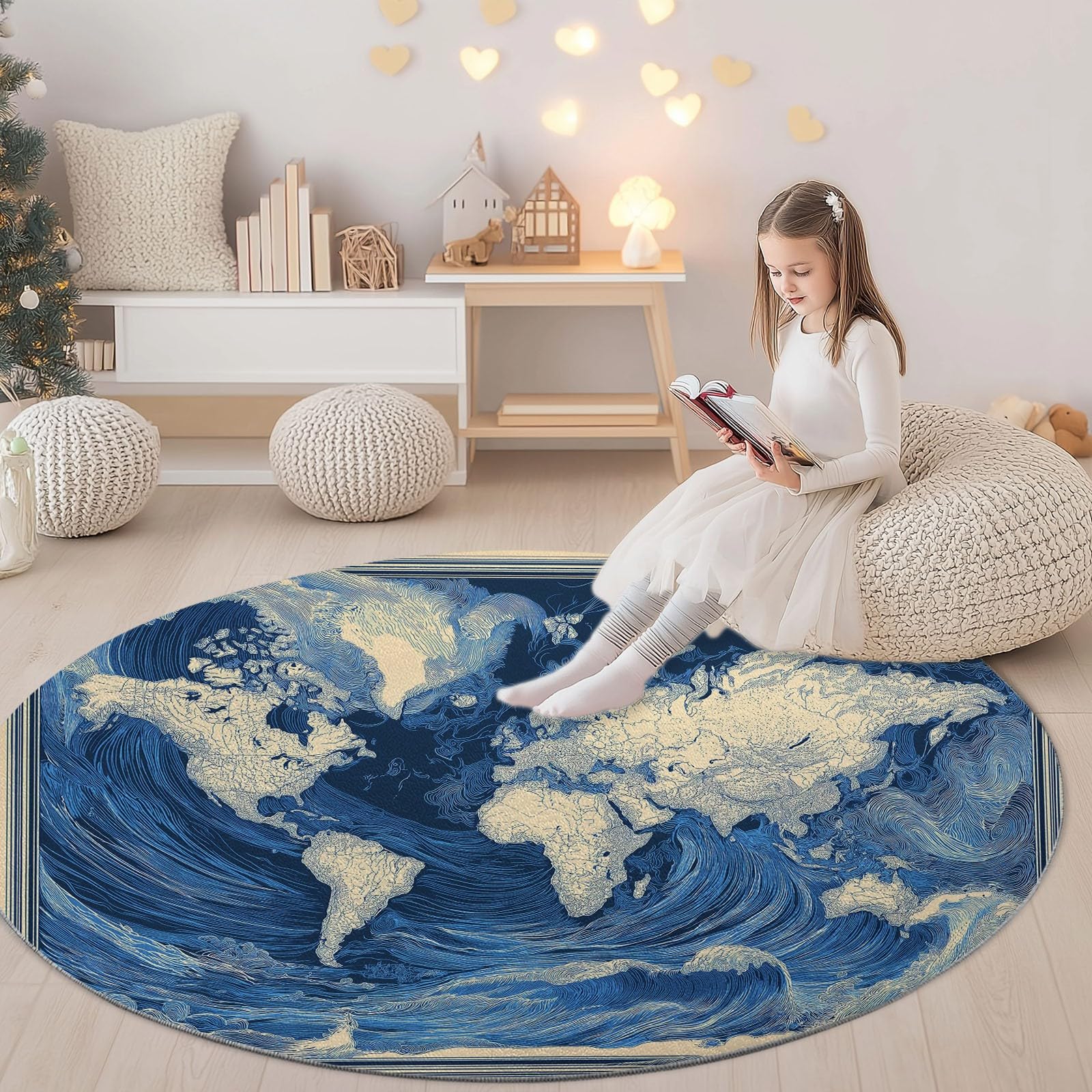 Générique Tapis Salon Rond Affiche Rétro Carte du Monavec Vagues L'Océan 150 cm Tapis Rond, Chambre Impression 3D Moderne Bleu Moquette Antidérapant Lavable Machine pour Salon Salle à Manger Bureau