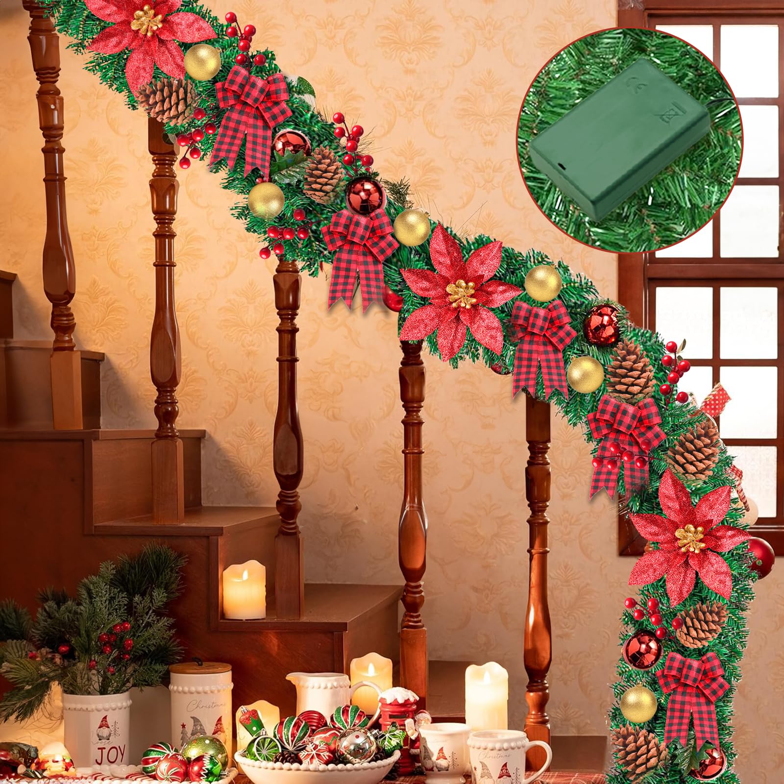 Ghirlanda Natalizia Artificiale Con Luci LED 2,7 M - Decorazione Per Porta, Camino, Scale, Con Fiori Rossi E Palline