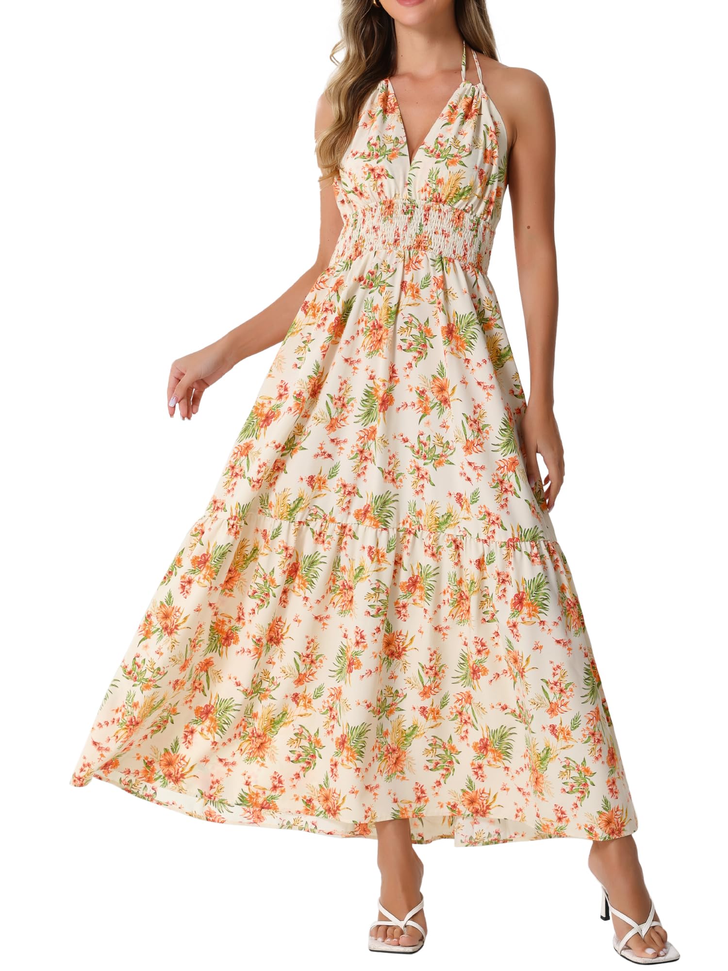 Allegra K Women's Floral Boho Sundress - Halter Neck Sleeveless Summer Dress With Belt