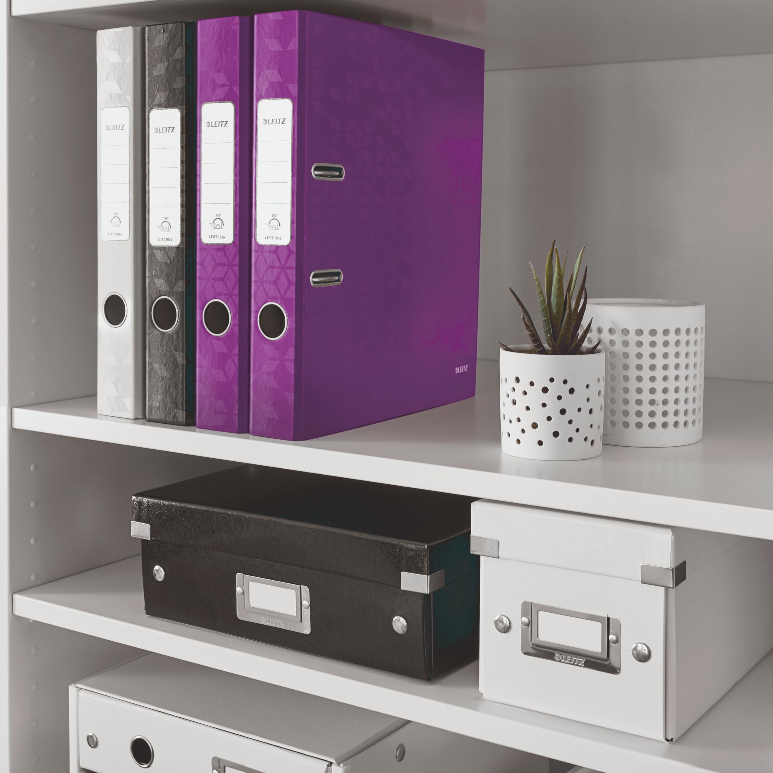 Leitz 10060062 segregator 180°, 10 sztuk, format A4, wąski, szerokość grzbietu 5,2 cm, laminowana szara tektura, fioletowy, seria WOW, wzór może się różnić