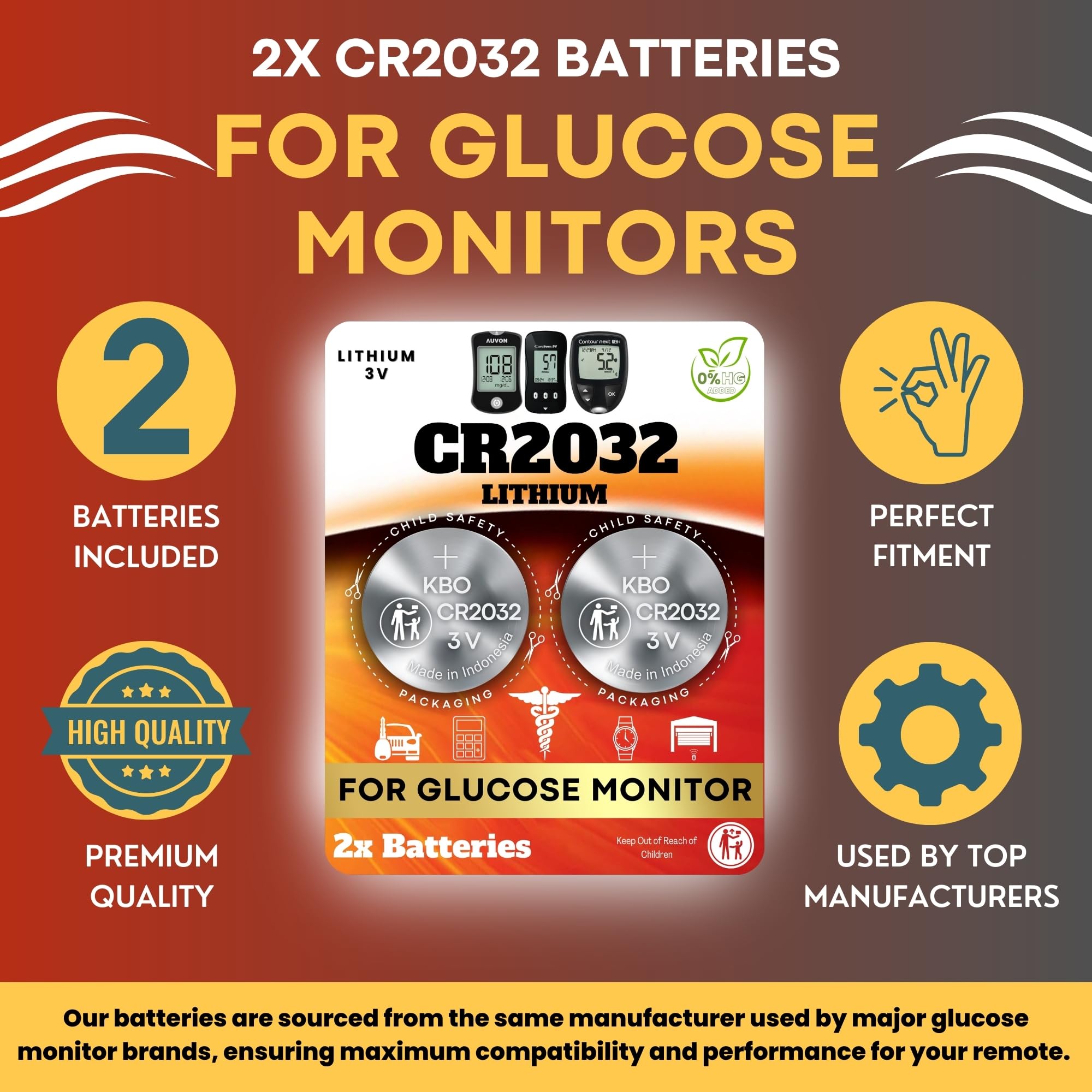 Lot de 2 piles de rechange pour moniteur de glucose CR2032 – Baterias para Glucometro – Compatible avec la plupart des parisiens