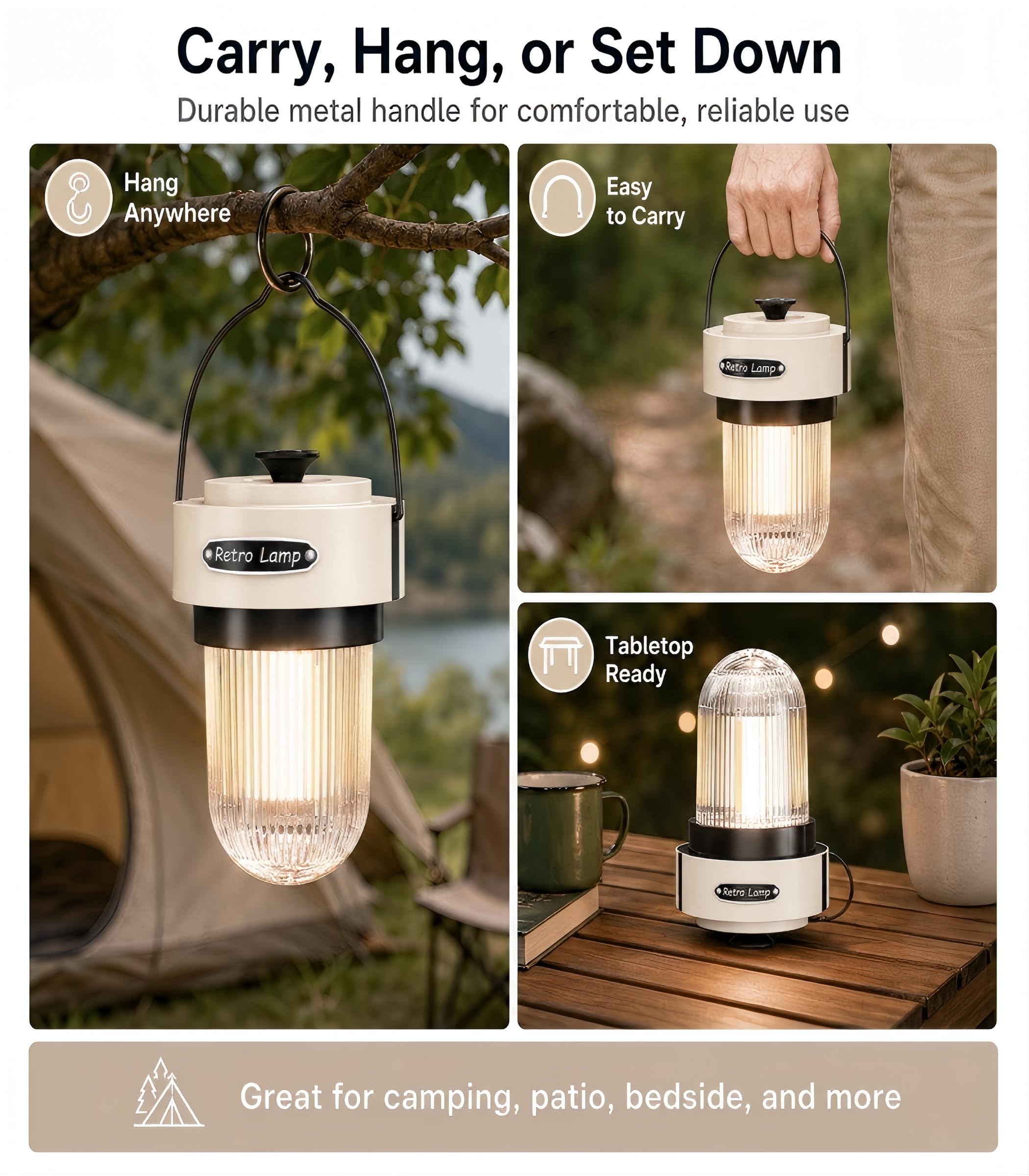 HOMY Linterna de camping recargable, linterna LED portátil de 1000 lm con 3 modos de luz de atenuación continua, IPX4 impermeable para camping, hogar, emergencia, pesca