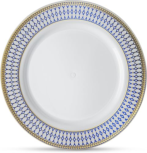 10 platos de 7 pulgadas Laura Stein - Vajilla de diseñador de plástico pesado de alta calidad con borde azul y dorado de plástico para fiesta y