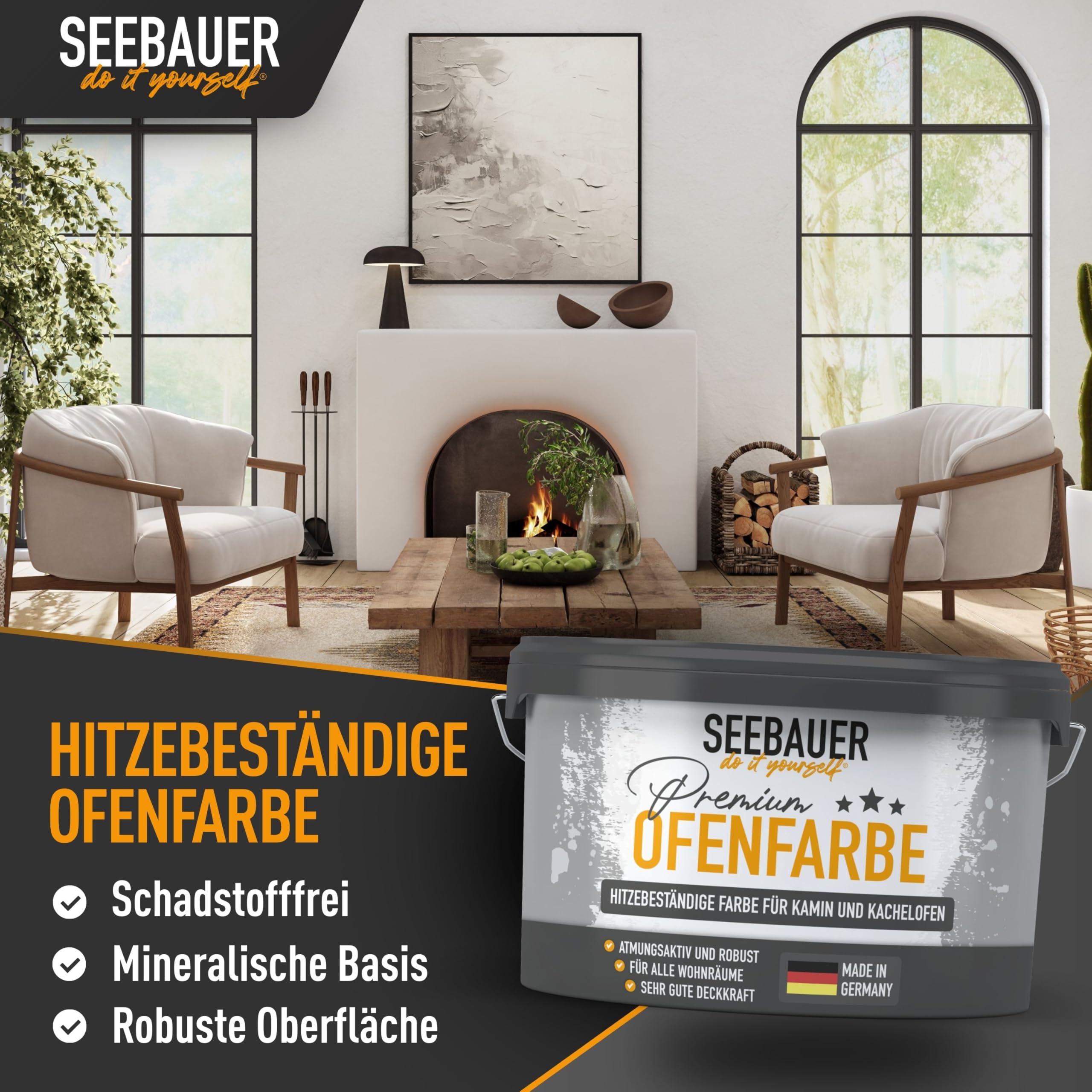 Ofenfarbe Weiß für Innen 2,5L (No. 000 Weiß) - Hitzebeständige Wandfarbe für Putz, Beton & Mauerwerk - Abwaschbare Farbe für Kamin und Kachelofen