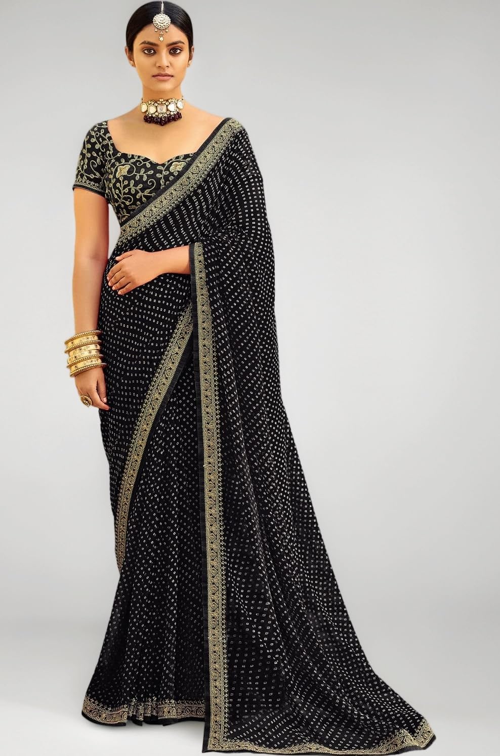 SIRIL Women's Bandhani Printed Embroidery Georgette Saree with Unstitched Blouse Piece