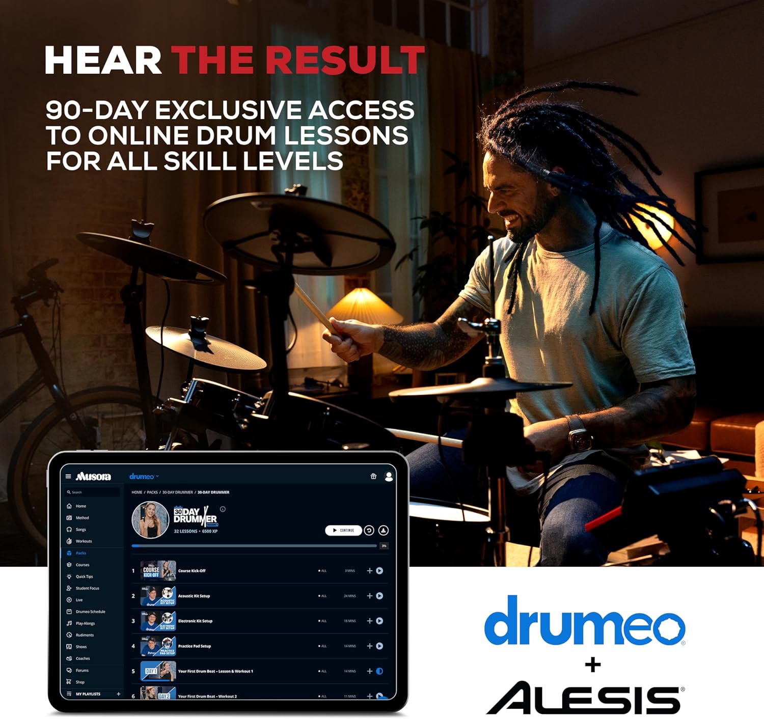 A person using a tablet displaying the Drumeo lesson interface next to the Alesis Nitro Ultimate drum kit.