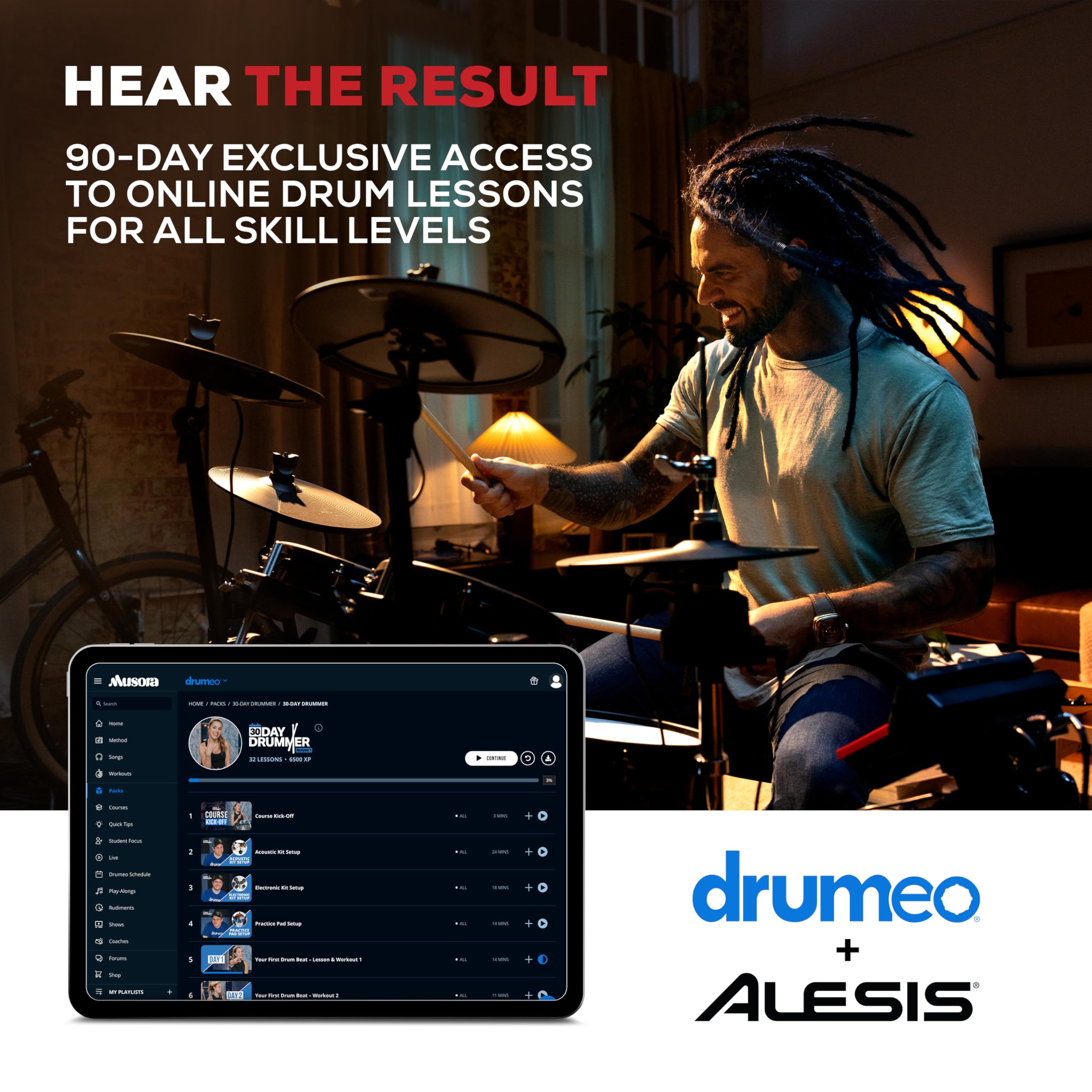 Alesis Nitro Ultimate Elektroniczny Zestaw Perkusyjny z Podwójnymi Padami Siatkowymi, Niezależnym Hi-Hatem, 640 Brzmieniami BFD 52 Zestawami, Bluetooth, Drumeo, USB MIDI, Podwójną Stopą Basową