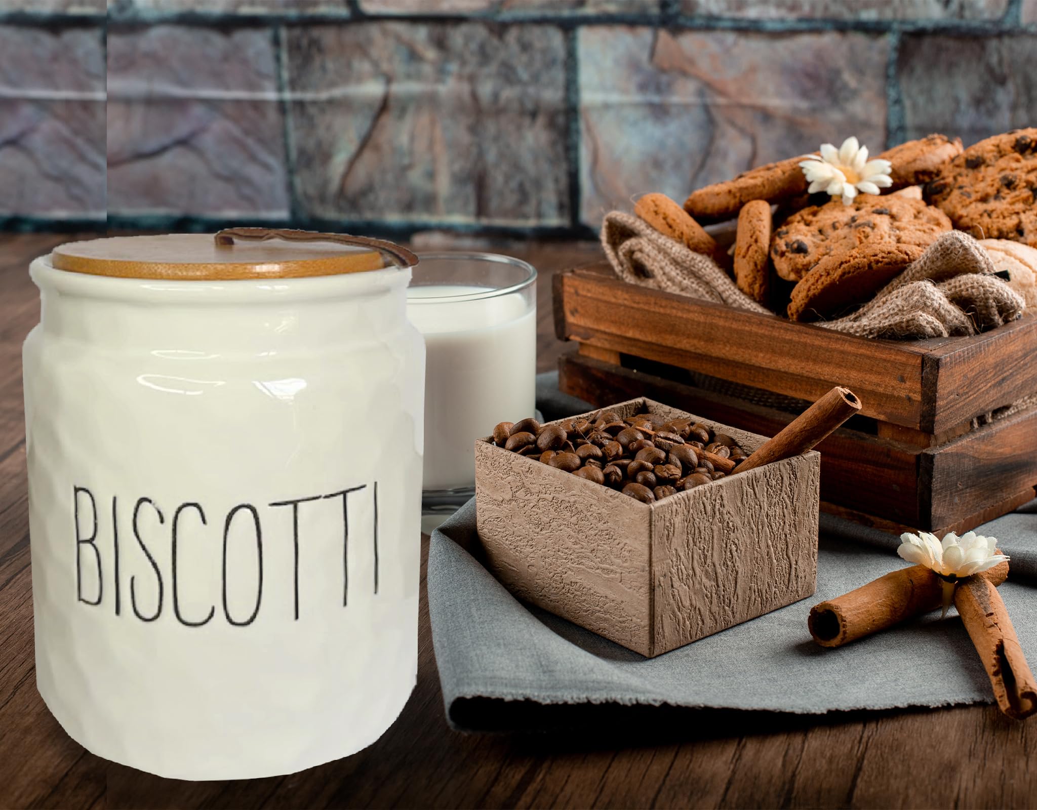 Barattolo Biscottiera, Porta Biscotti, Contenitore Cucina, in Ceramica Effetto Martellato, Tappo in Legno
