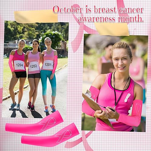 Miniatura 6 de Zhehao 18 pares de mangas de concientización sobre el cáncer de mama, mangas de compresión para brazos con cinta rosa, mangas de compresión para
