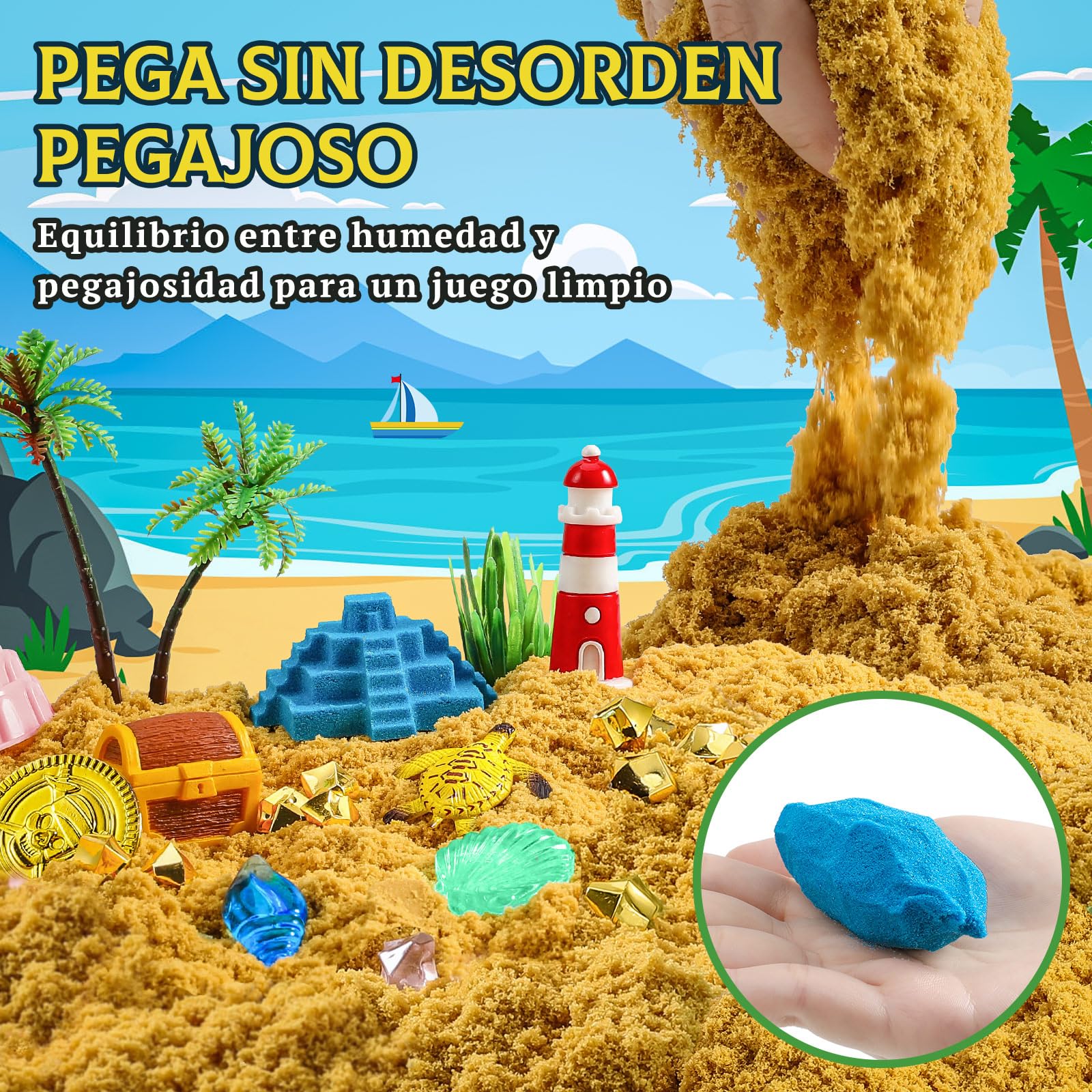 KNASON Pirata Tesoro Cofre Arena Juguete Magica,Arena Toy con Accesorios Piratas,1 KG de Sand y Gemas que Brillan en la Oscuridad,Juguetes Sensoriales Arenas para Niños 3 4 5 6 Años