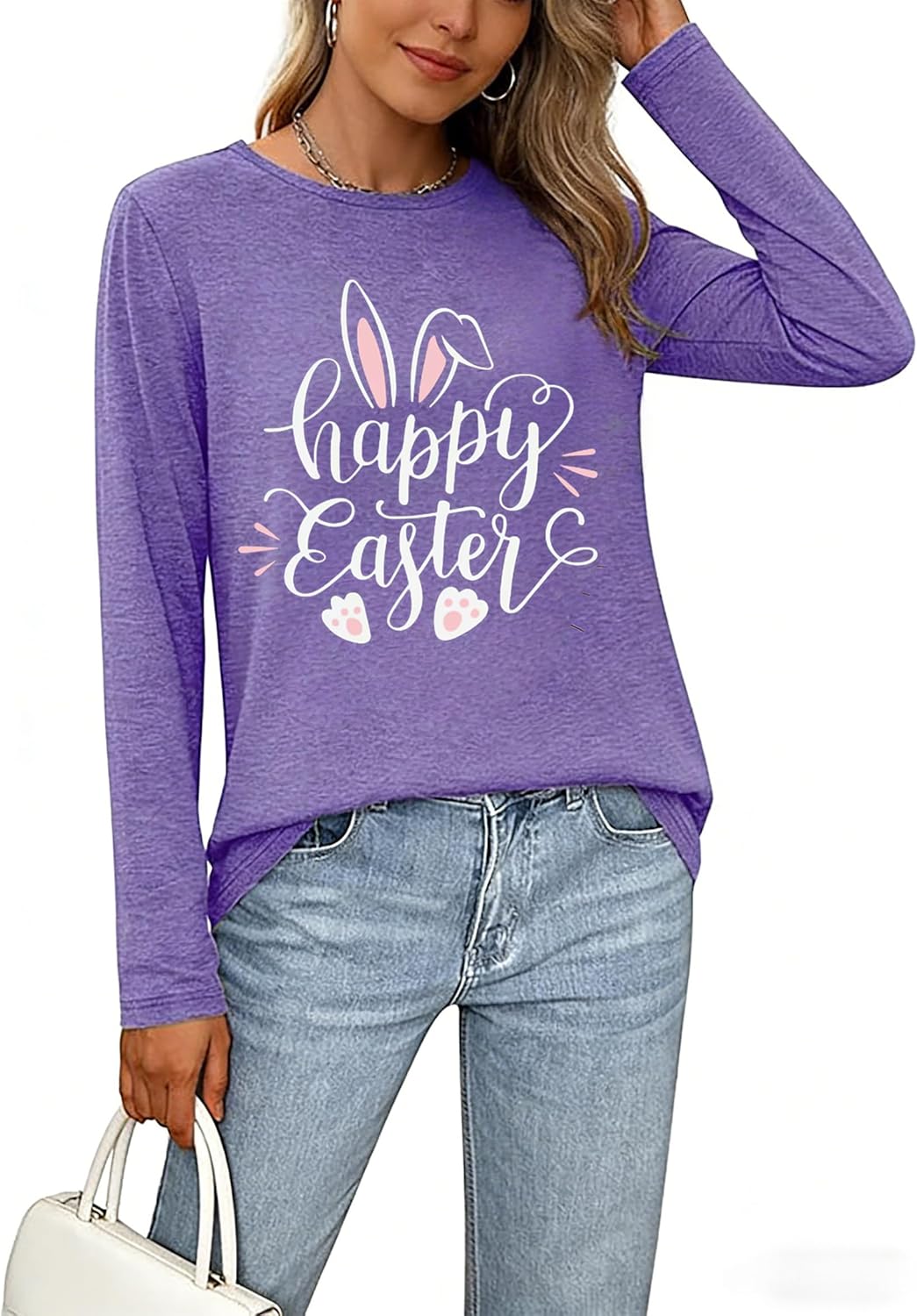Easter Day T Shirts for Women-Bunny Shirt Cute Rabbit Graphic Tees Long Sleeve Holiday Tops - Image 7