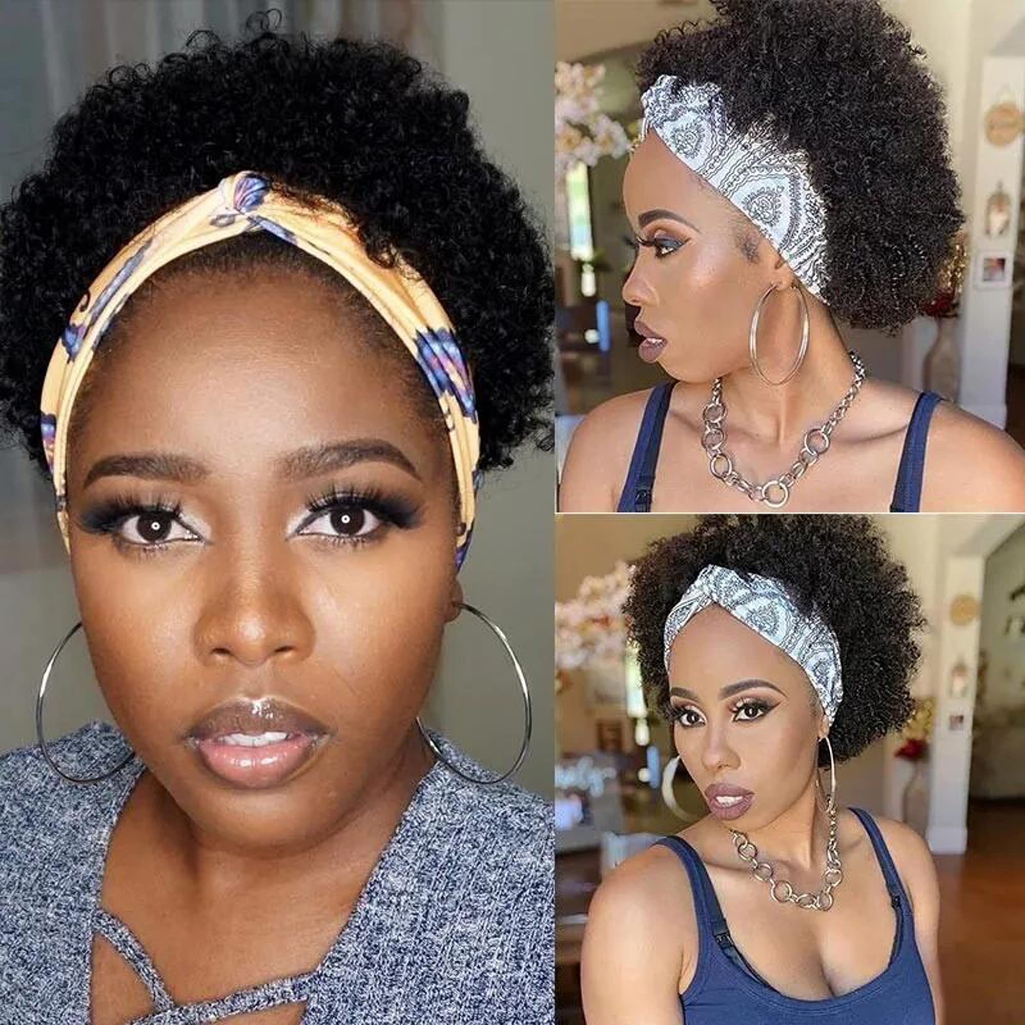 UNICE Headband Wig Afro Kinky Curly Human Hair Wig Brazilian Glueless Non Lace Front Wigs, Short Kinky Curly Afro Puff Head-Wrap Wigs for Women 150% Density 6inch