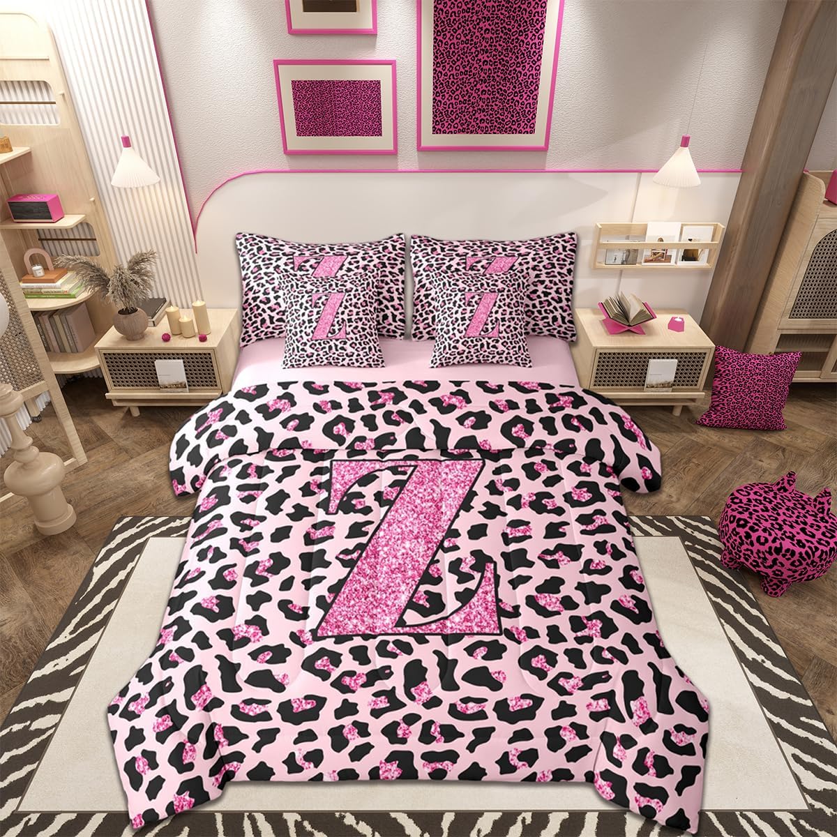 jejeloiu Leopard Fur Print Comforter Set with Sheets 7 Piece Queen Size Safari Cheetah Bedding Set for Kids Boys Girls Animal Print Pink Bed in a Bag Room Decor Soft Lightweight Microfiber