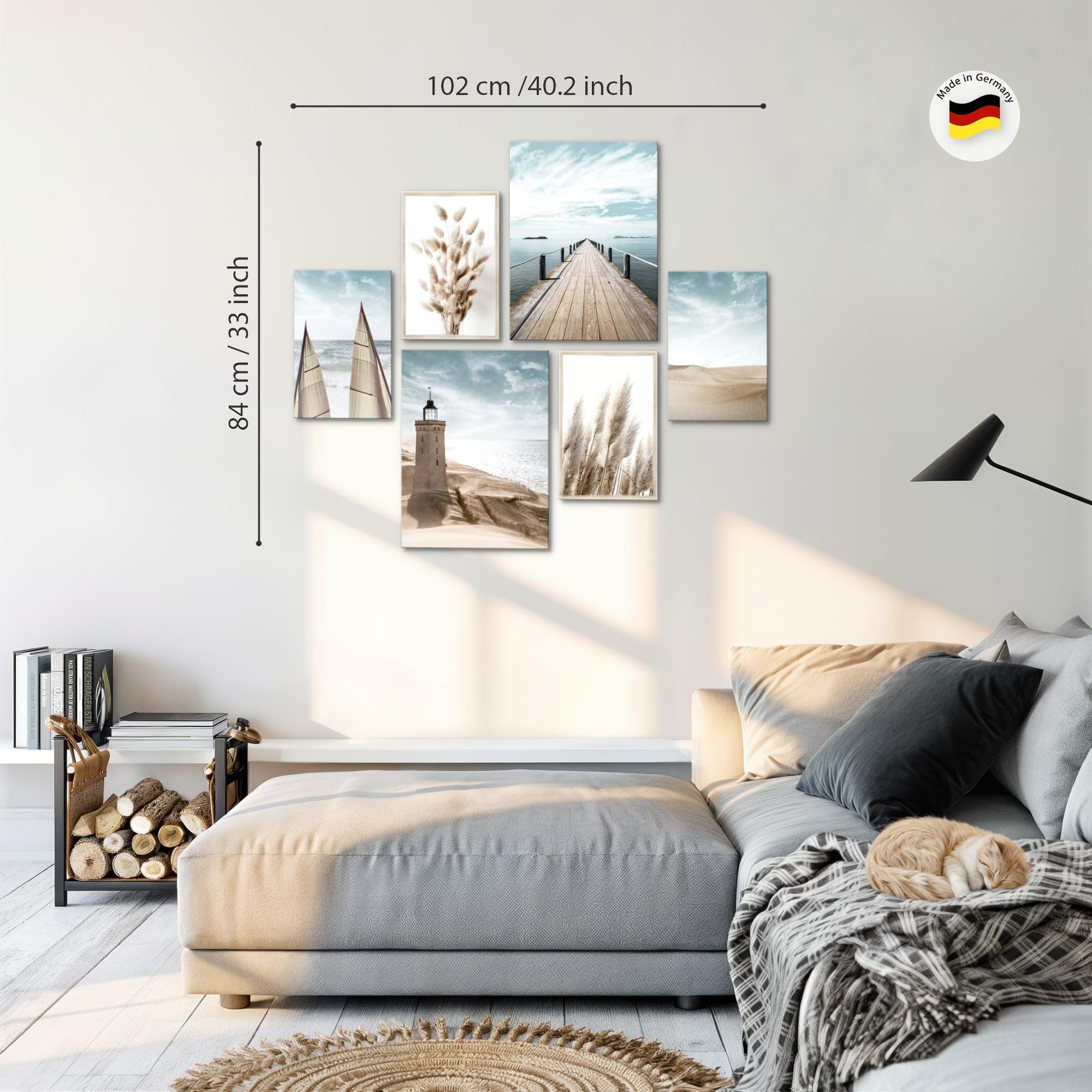 Novart Wandbilder Set Strand Meer Leuchtturm Blau Beige - KEIN EXTRA RAHMEN BENÖTIGT - Modern Deko - Wohnzimmer Schlafzimmer N007163a