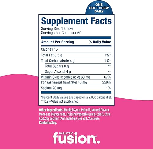 Vista 4 de Bariatric Fusion Suplemento de hierro para la anemia de las mujeres, hierro masticable con vitamina C, masticable suave con sabor a sandía, fumarato